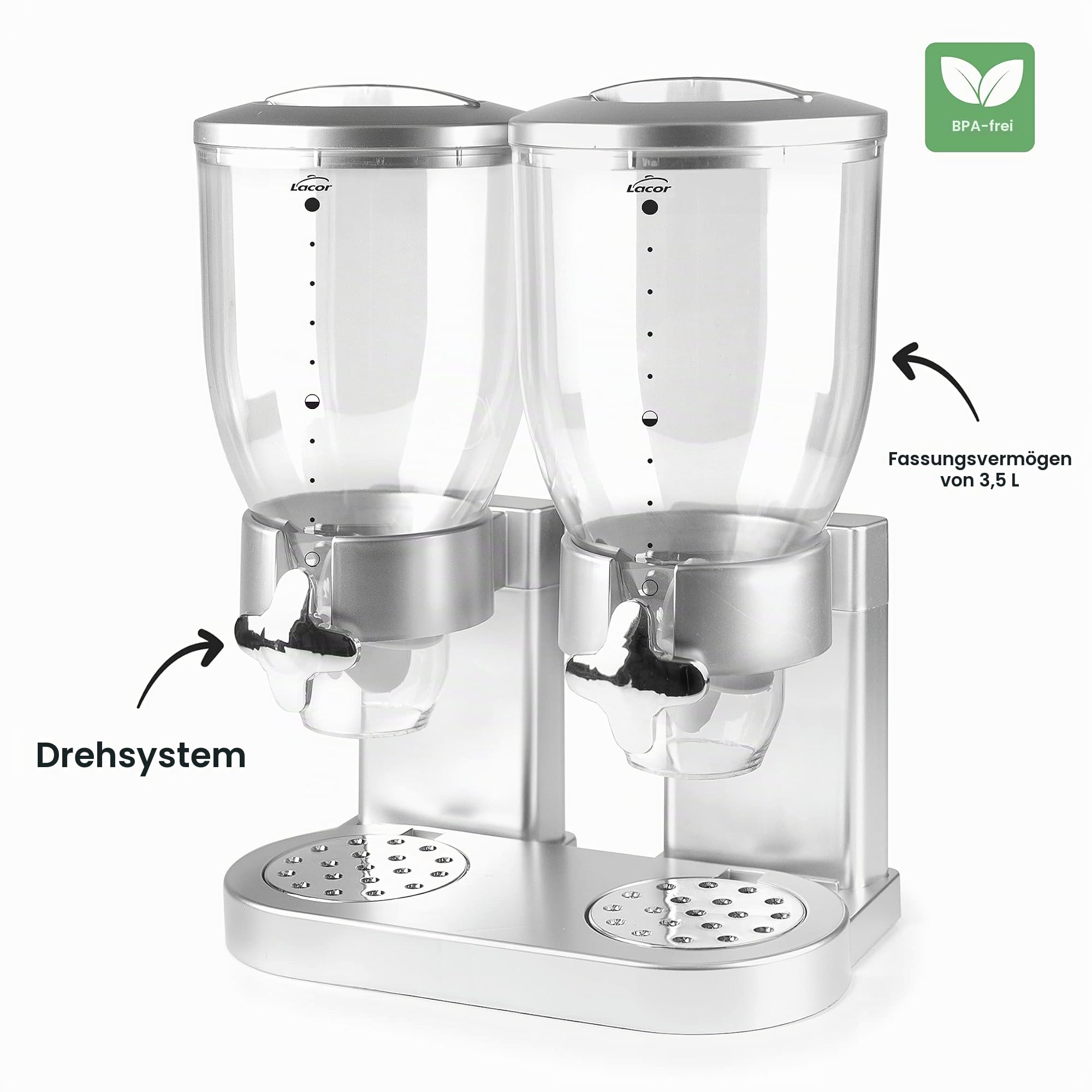 LACOR - 62597 - Spender für Getreide, trockene Früchte, Paste und Süßigkeiten, doppelter Behälter mit 3,5 l, Drehsystem, BPA-frei, 33 x 20 x 42 cm, Grau | Langlebiges Profi-Utensil; entwickelt für optimale Leistung und schnelle, unkomplizierte Reinigung i