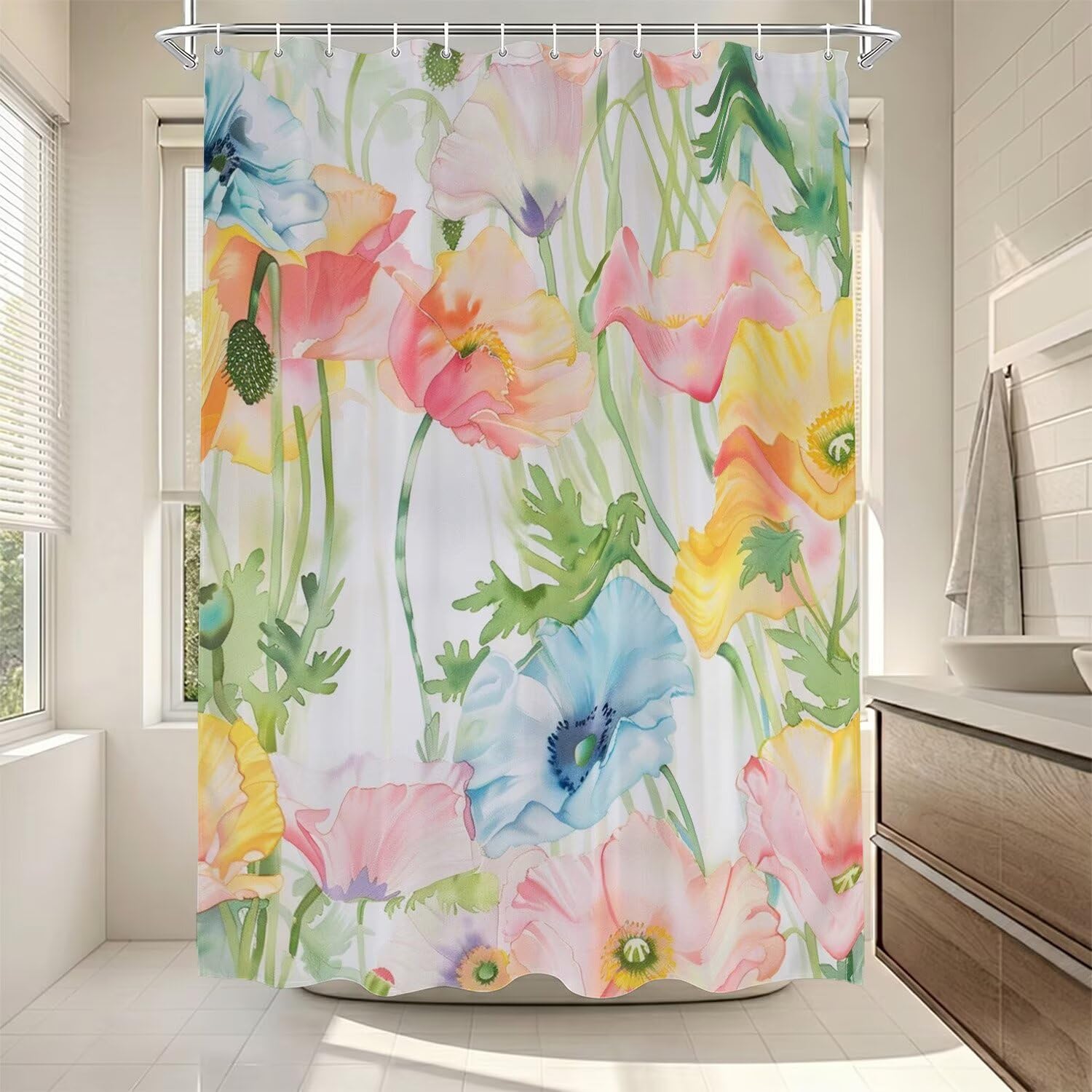 Rideau de douche imperméable et lavable en machine motif pavot