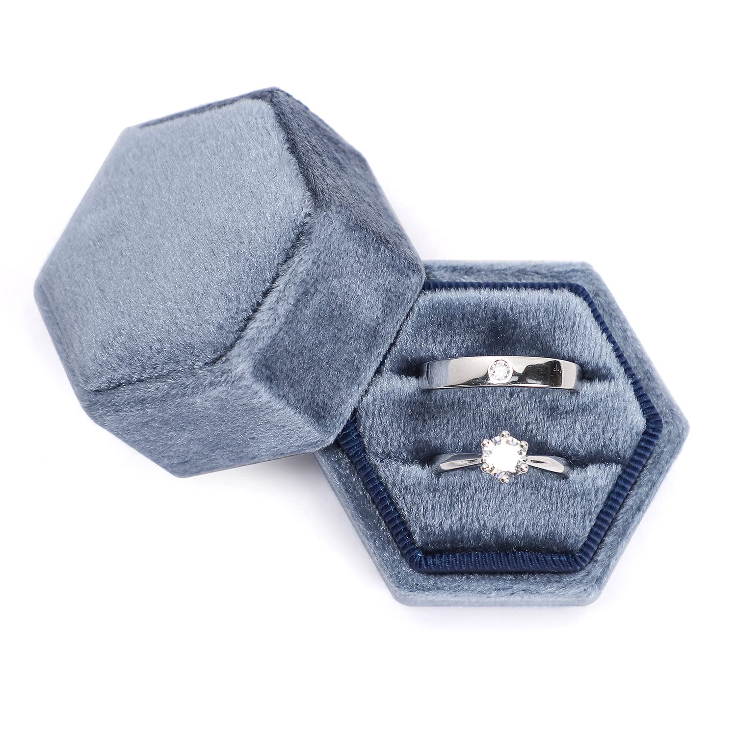 Velvet Jewelry Ring Box, Etercycle Hexagon Premium Gorgeous Vintage Double Ring Gift Box with Detachable Lid for Proposal Engagement Wedding Ceremony(Haze Blue)