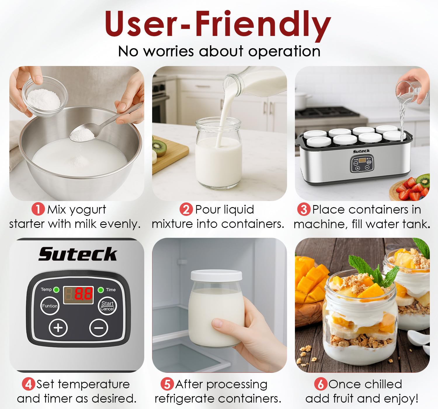 Suteck Máquina de yogur de acero inoxidable con control de tiempo y temperatura ajustable, apagado automático y temperamento constante para yogur griego, probiótico, sin BPA, 8 botellas