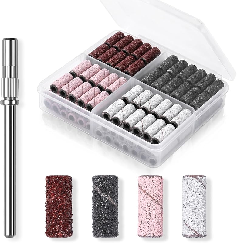 Bandas de lijado para taladros de uñas - 100 piezas 80/120/180/240 Lima de grano de 4 colores | Brocas para taladro de uñas, bandas de lijado con minimandril de 3,1mm, juego de brocas para uñas acrílicas, manicura y pedicura de Gel