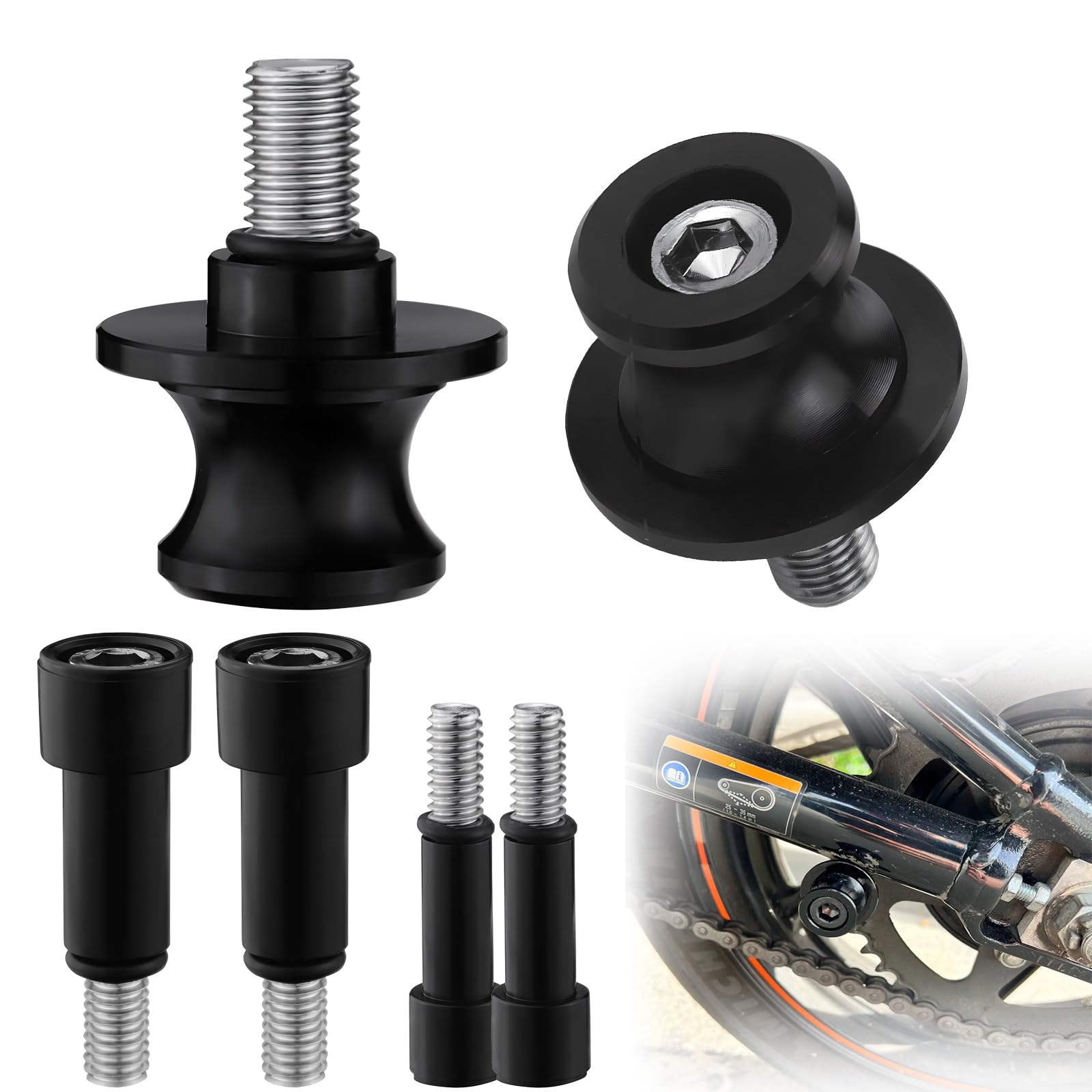 LPZMPZ Brazo Oscilante Motocicleta Universal Diabolos para los Caballetes Traseros de Moto, Soporte de Deslizadores Moto, Carrete de Brazo Oscilante M6 M8 M10 (Negro)