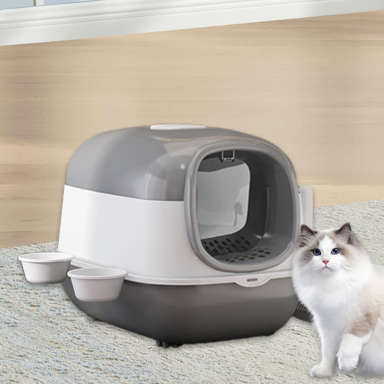 Caja de Arena para Gatos con Capucha, Orinal para Gatitos con para Gatos Y Puerta Delantera para Gatos de Interior, Inodoro Cerrado para Gatos, Gris