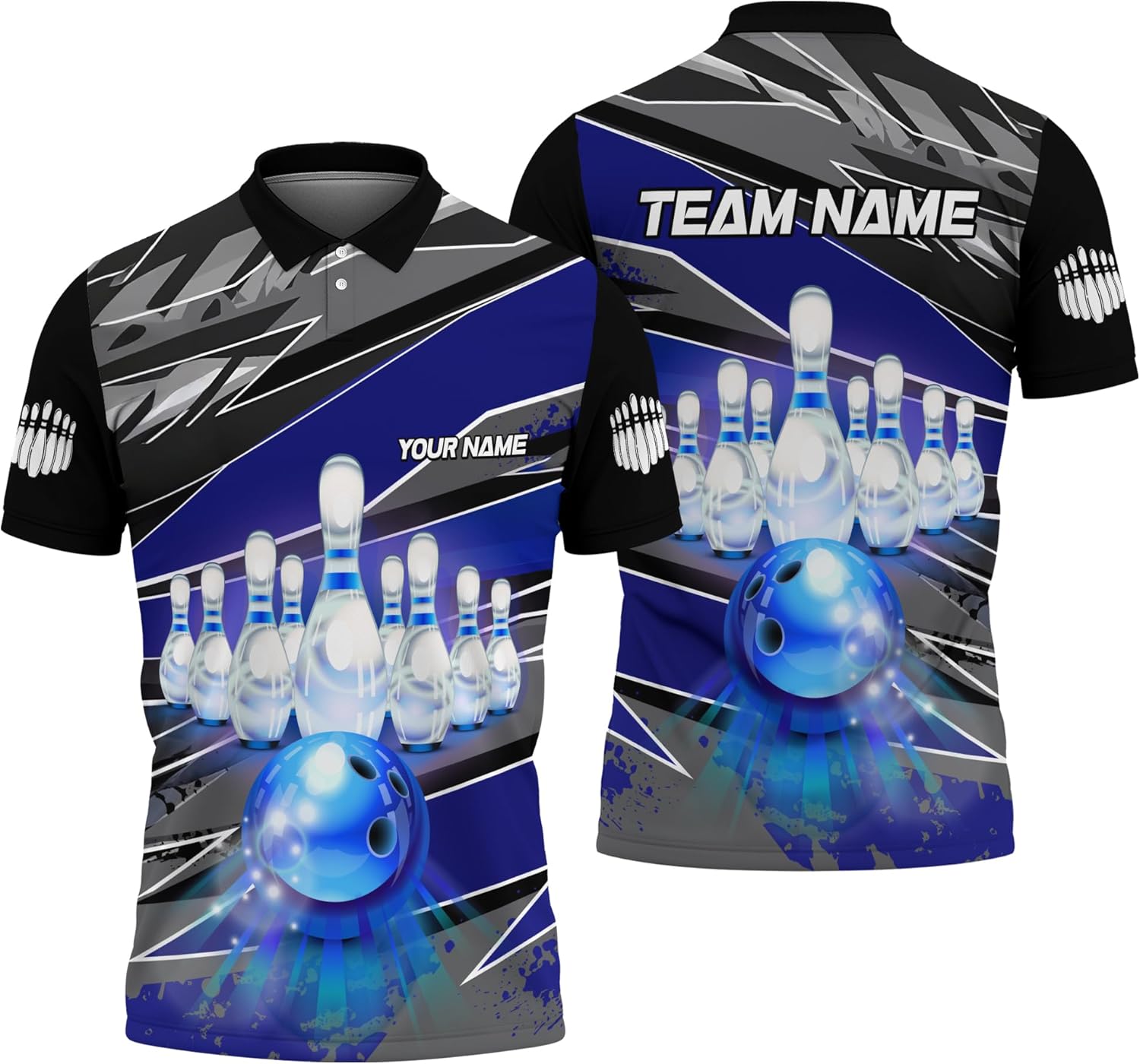 Personalized Bowling Polo Shirt Print Golf Shirt with Blue Bowling Ball Theme Graphic On it for Bowling Team