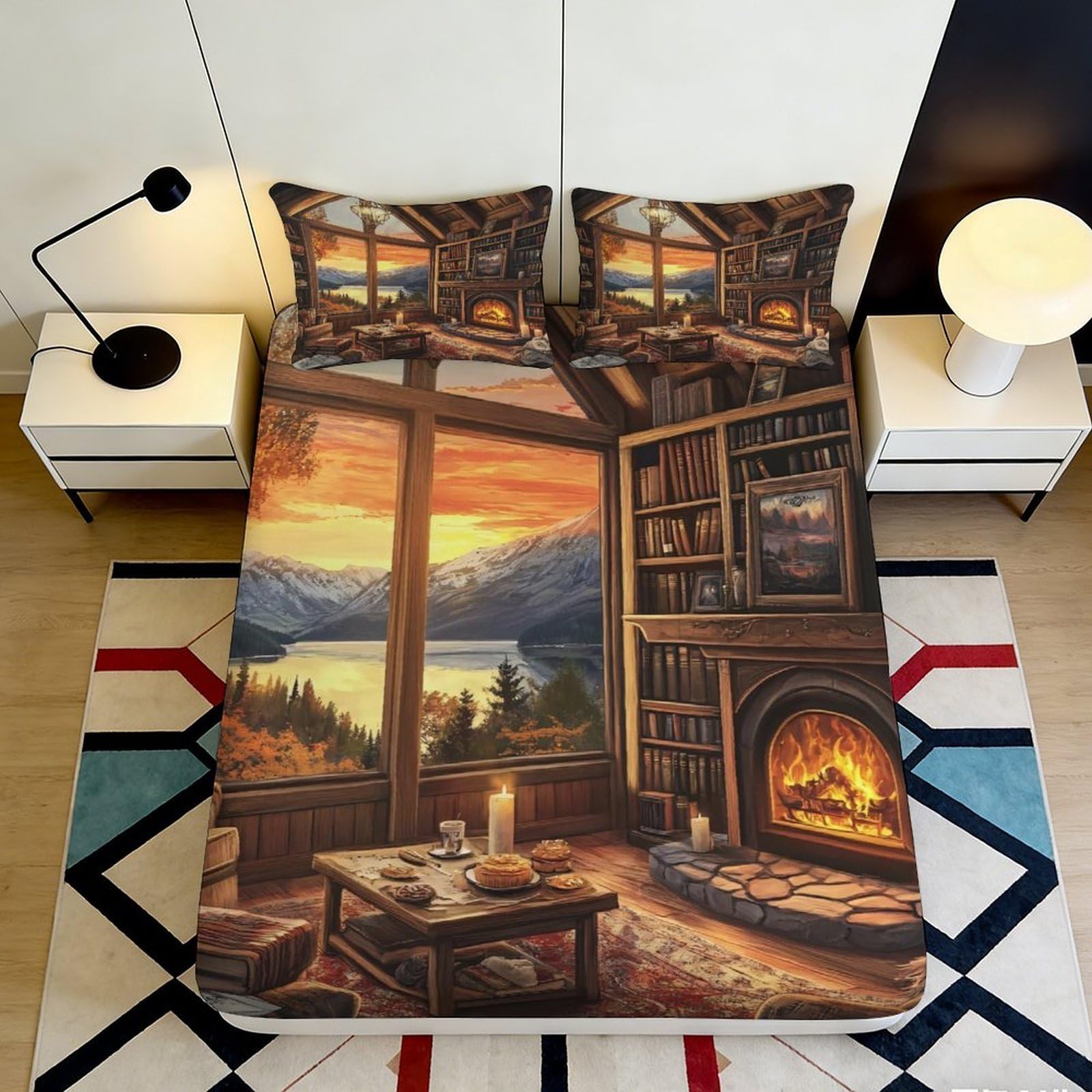 3D Printed Lake View Fireplace Fitted Sheet Microfiber Deep Pocket Bedroom Bedding Lake View Mattress Fitted Cover Home 180x200x25cm