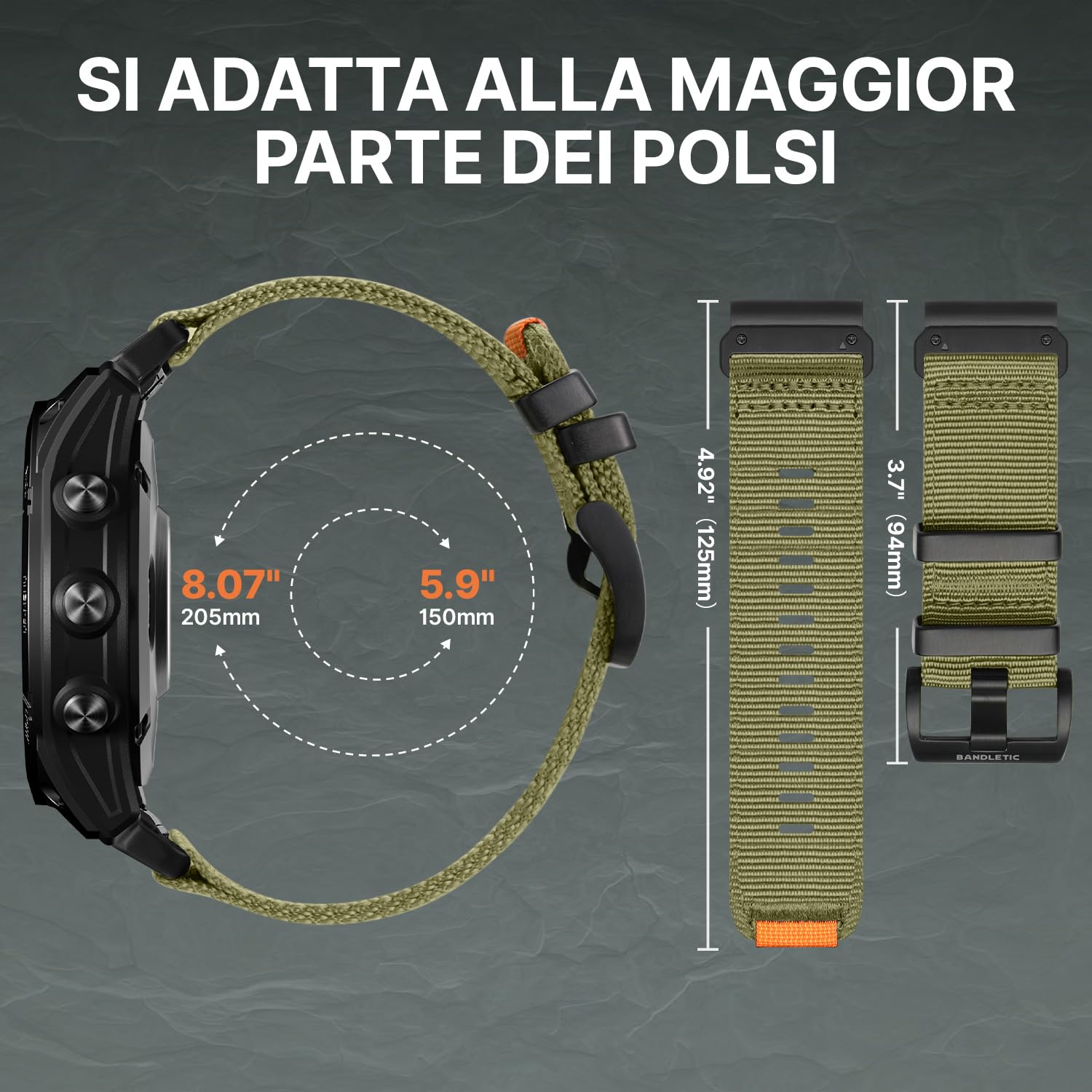 Bandletic 26mm Cinturino Compatibile con Garmin Fenix 6X Pro/6X/Fenix 8 51mm/Fenix 7X/7X Pro/5X, QuickFit Nylon Militare Durevole Sport Cinturino per Instinct 2X Solar/Fenix 3/HR/Epix Pro 51mm