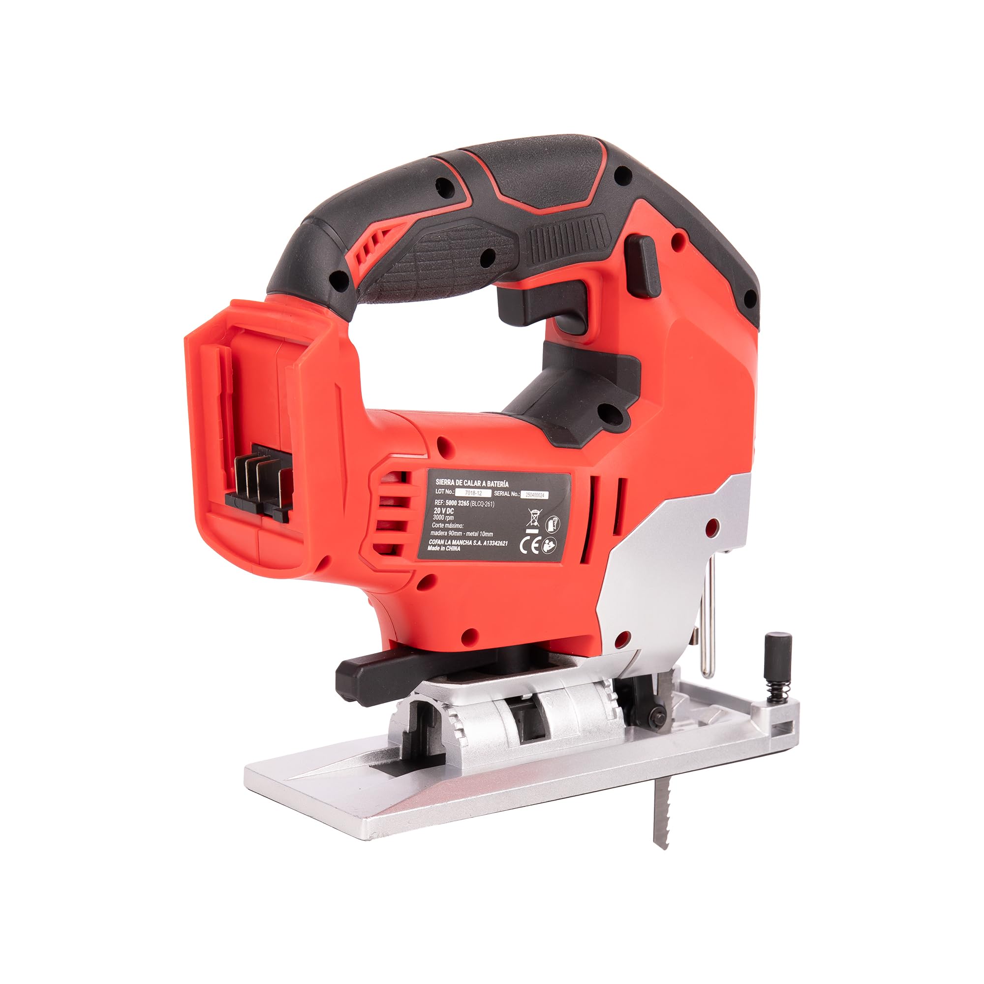 Cofan Sierra de calar a batería | Potencia: 20 V | Motor sin escobillas | Velocidad variable 0–3000 rpm | Acción pendular | Corte inclinado ±45° | Batería y cargador no incluidos
