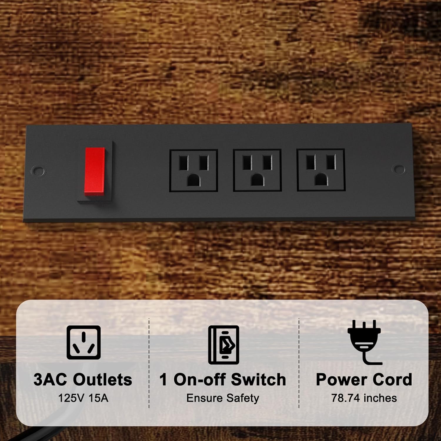 Close-up of the integrated power outlet with 3 AC sockets and a red safety switch