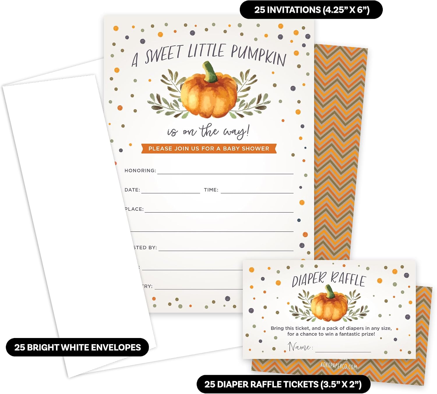 Koko Paper Co Sweet Little Pumpkin Baby Shower Invitations & Diaper Raffle Tickets – Fall Baby Shower Set – 25 Invites, Envelopes & Raffle Cards – Made in the USA