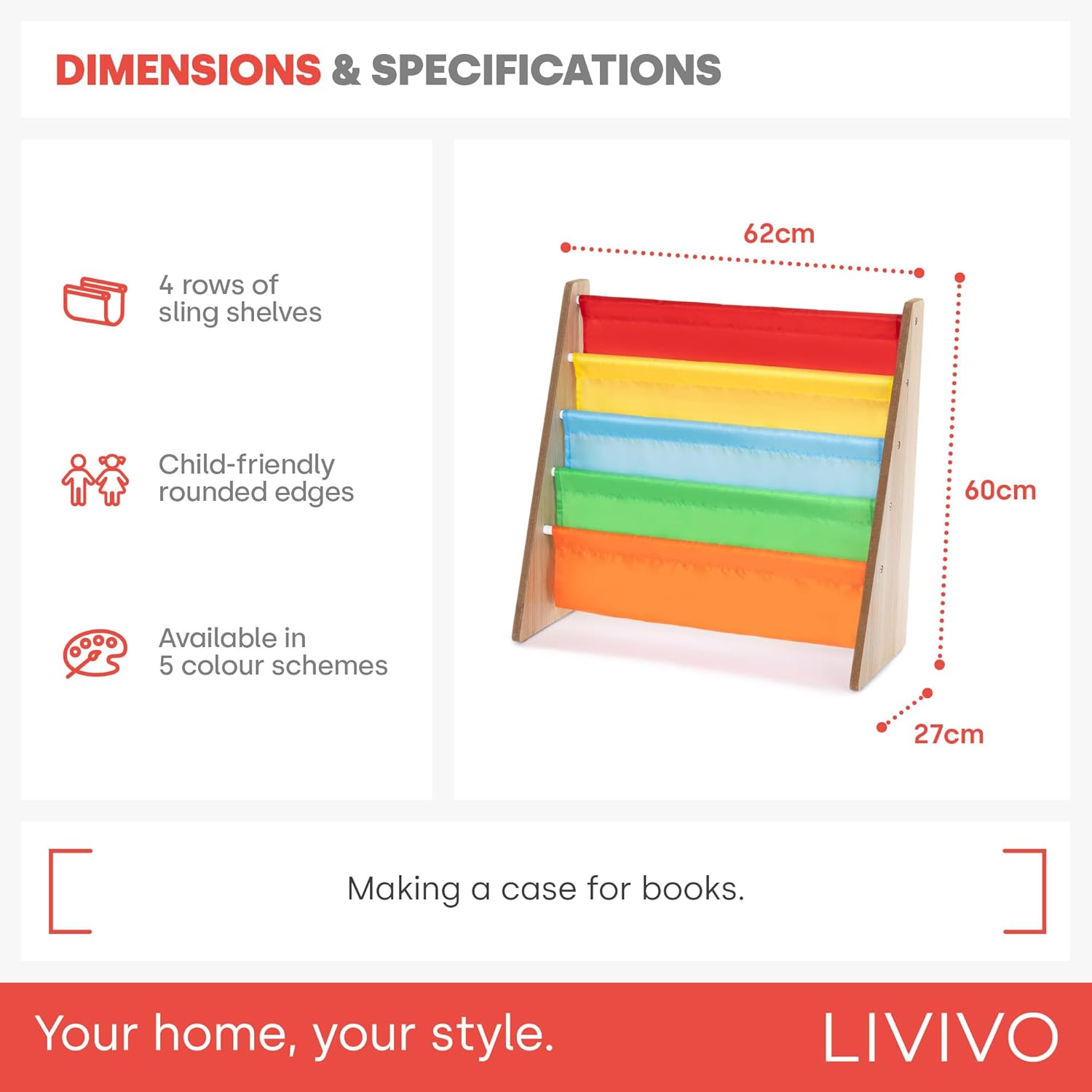 LIVIVO Children's Colourful Sling Storage Bookshelf – Easy Access Wooden Book Storage Rack with Soft Nylon Fabric Shelves Shelf to Protect your Kids Books (Multi-Colour) 4 717oDERiqpL. AC SL1500