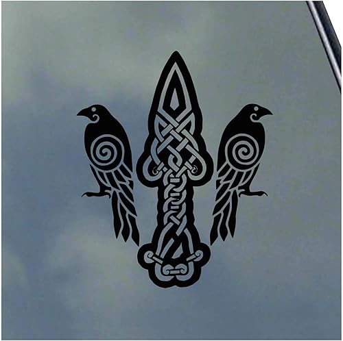 Huginn y Muninn con Gungnir - Vinilo adhesivo nórdico Asatru Odin Thor Raven