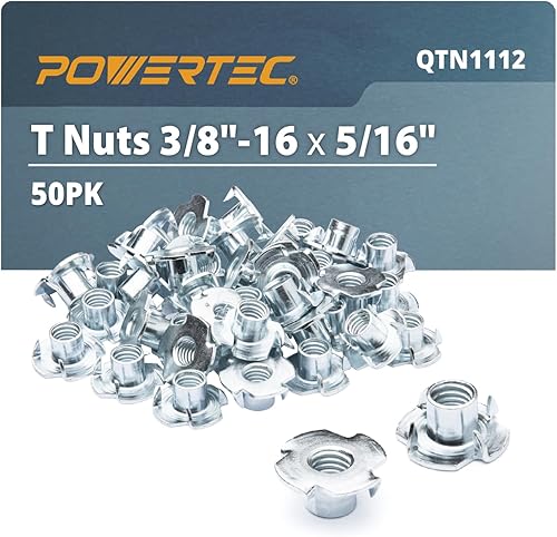 POWERTEC Tuercas en T 3/8-16, 50 piezas | 4 tuercas en T para pernos y ruedas giratorias de vástago, insertos roscados para trabajar en madera,