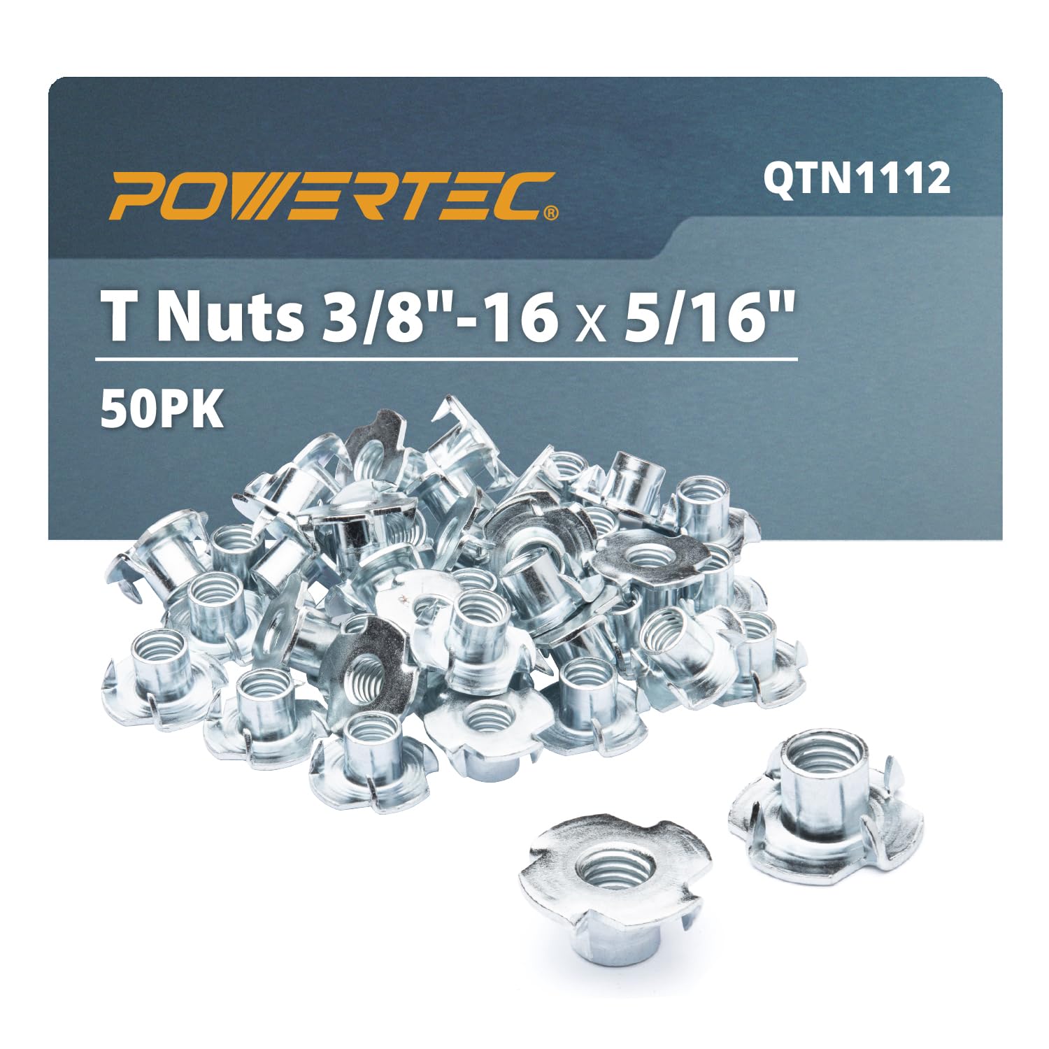 POWERTEC 3/8-16 T Nuts, 50 Pcs | 4 Pronged Tee Nuts for Bolts and Stem Caster Wheels, Threaded Inserts for Wood Working, Rock Climbing Holds and Furniture, For Use with Hammer | 5/16" length (QTN1112)