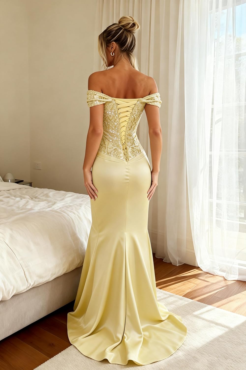 Women's Sparkly Sequin Prom Dresses 2026 Off Shoulder Mermaid Pleated Satin Evening Wedding Guest Ball Gown - Image 2