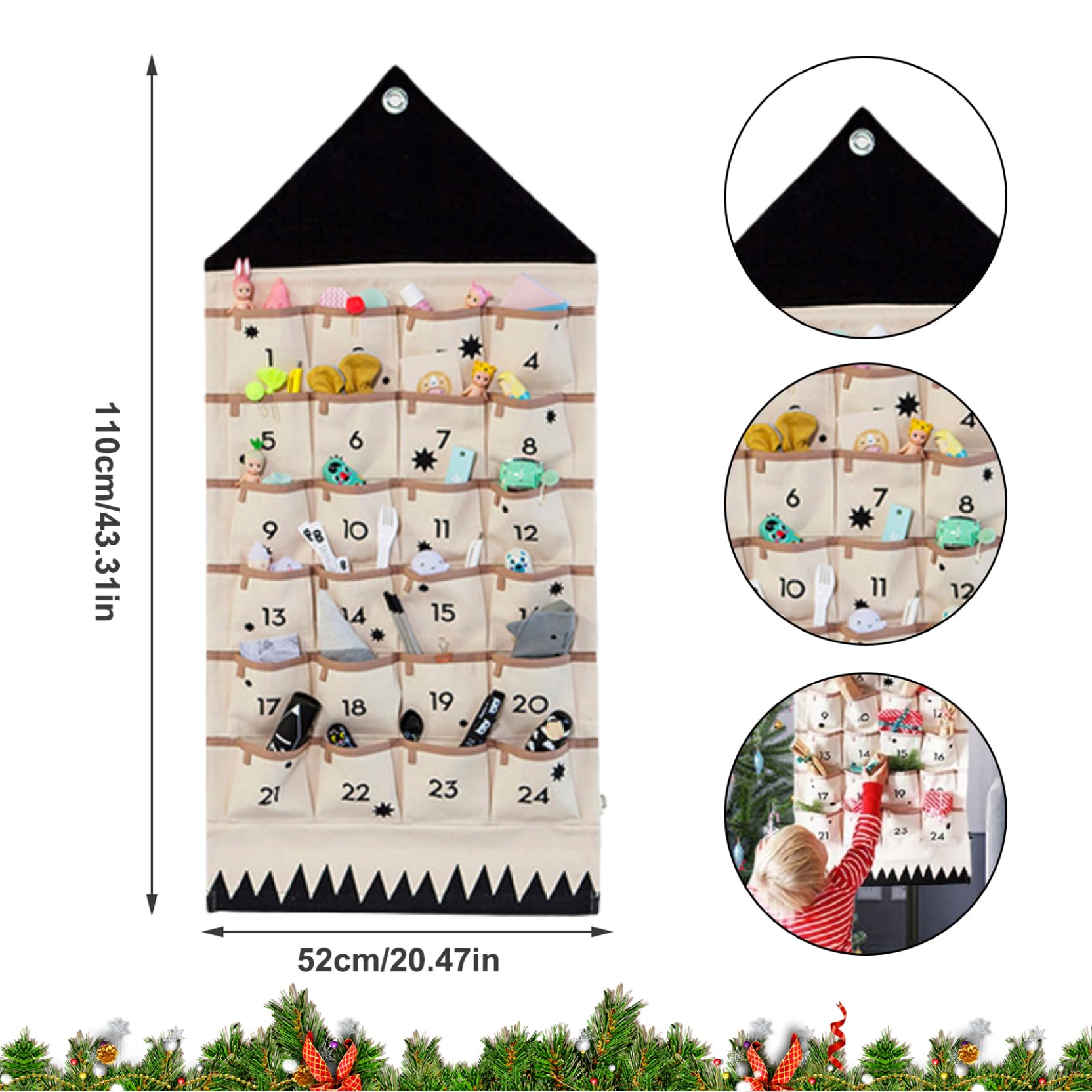Calendario da appendere dell'Avvento di Natale con 24 tasche, vuoto, riempibile, portatile, per il conto alla rovescia, calendario dell'Avvento, decorazioni natalizie per la parete della porta, 2.