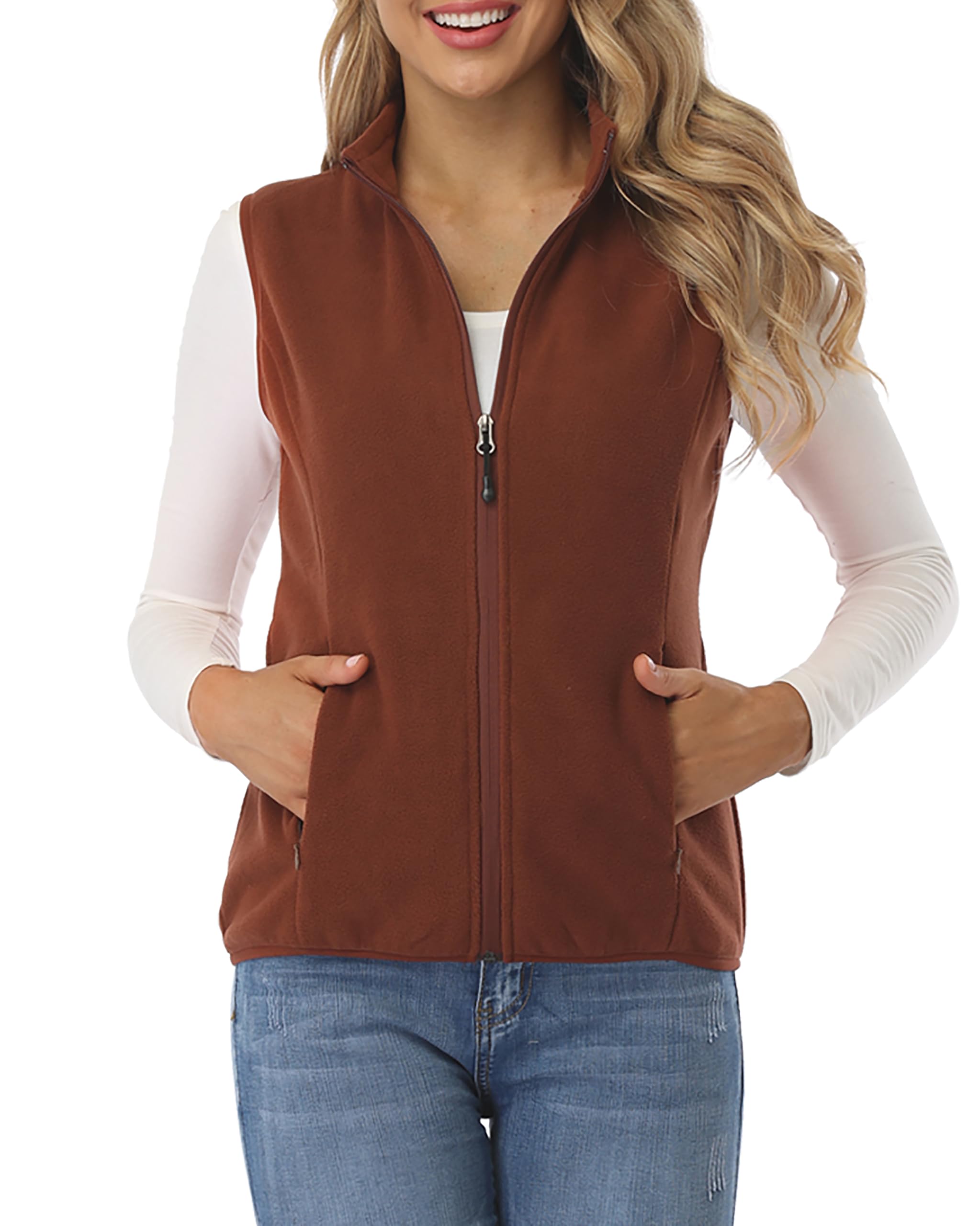fuinloth Women's Fleece Gilet, Polar Soft Sleeveless Classic Fit Bodywarmer Vest with Zip up Pockets Chocolate X-Small