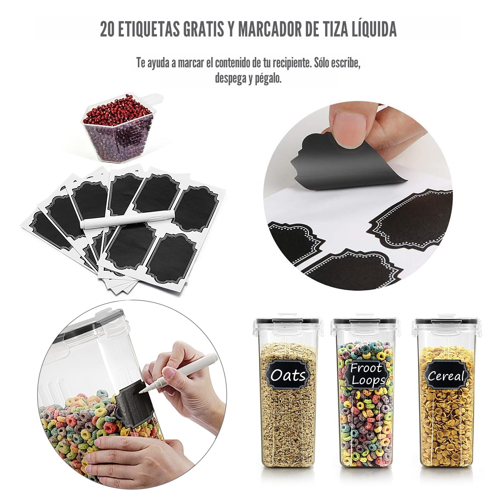 Wildone Paquete de 6 recipientes herméticos para cereales de 4 litros con tapa negra a prueba de fugas para cereales y alimentos secos (azúcar, harina, etc.)