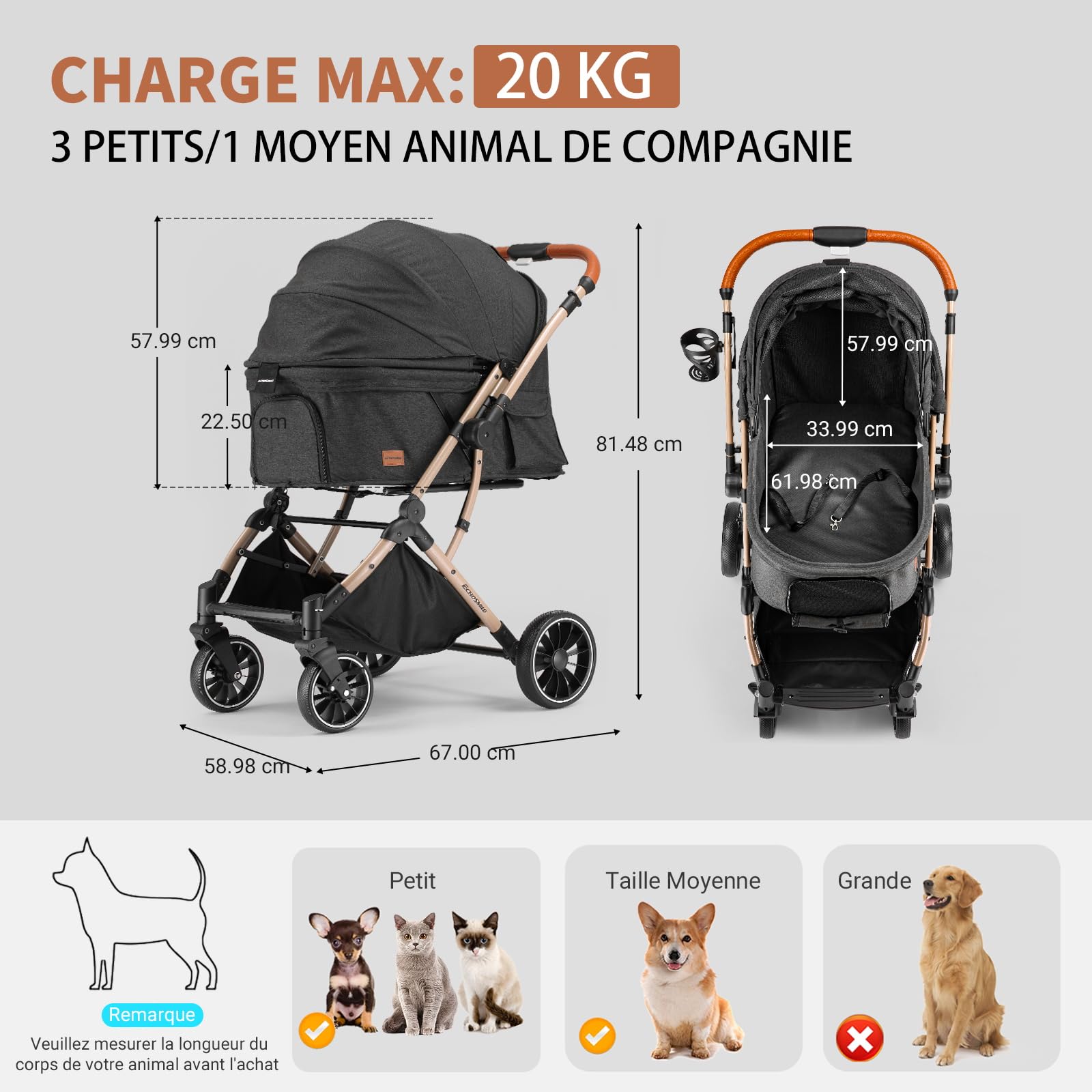 EchoSmile Poussette Pour Chien Pliable en un Bouton, Poussette Chien 20kg Tout Terrain avec Poignée Réversible, Absorption Des chocs et Coussinet Amovible Lavable (Noir)