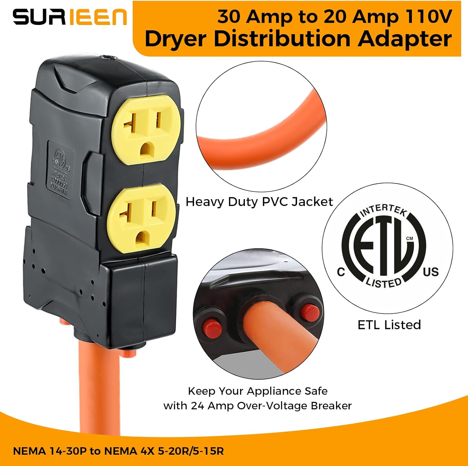 NEMA 14-30P to 4X 5-15R 5-20R Dryer Adapter Plug, 1.5FT 4 Prong to 3 Prong Dryer Adapter Cord with Beaker, 30 Amp to 20 Amp 110V Dryer Distribution Adapter STW 10AWG/4C, 250V