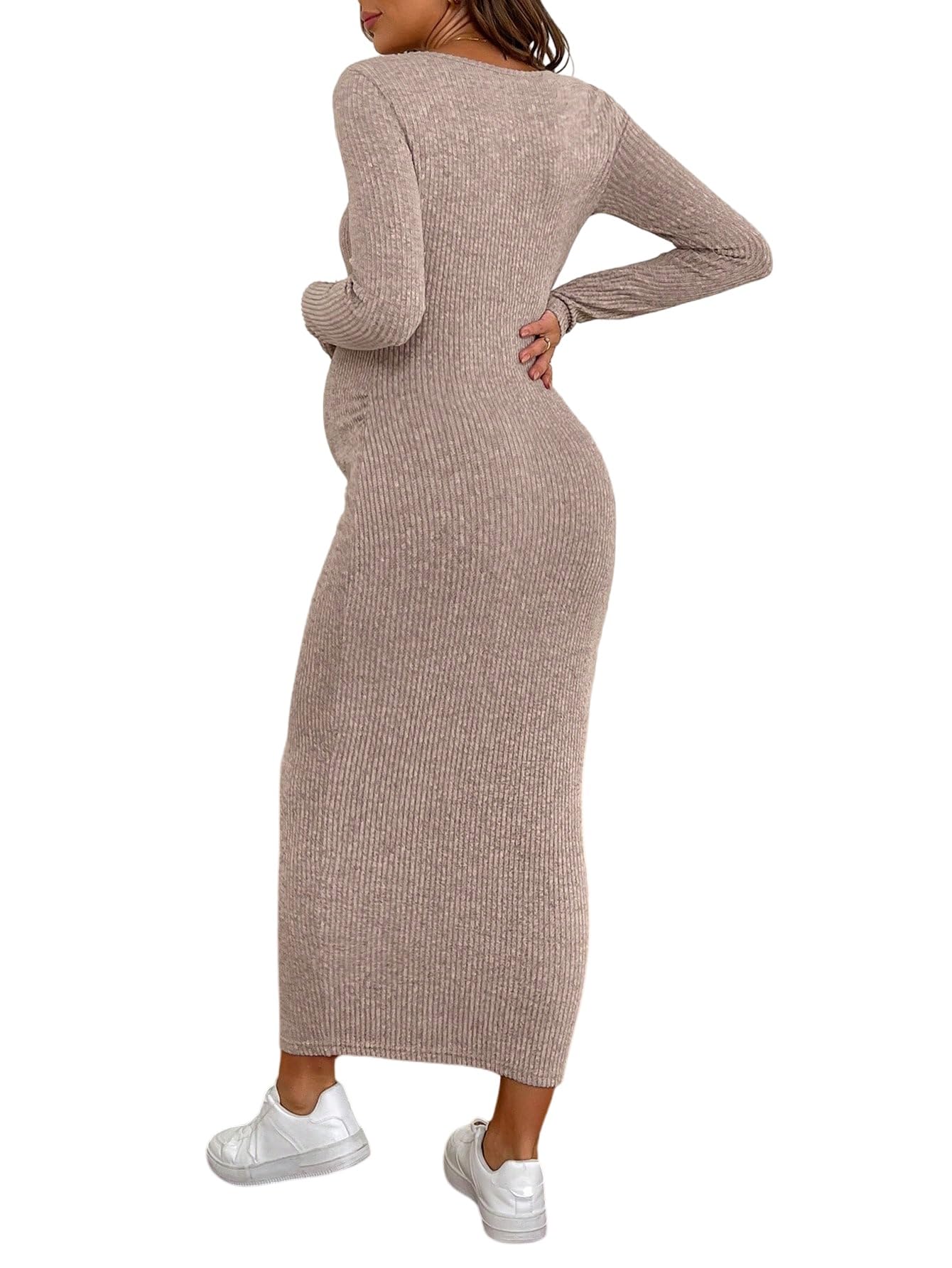 GORGLITTER Robe moulante élégante en tricot pour femme enceinte - Robe midi à manches longues - Couleur unie - Robe décontractée - Tenue d'automne