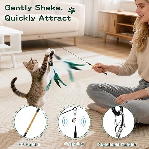 Miniatura 3 de Pawaboo Juguete de plumas para gatos, varita de plumas interactiva, atrapa gatos con plumas voladoras con varita extra larga de 34.5 pulgadas