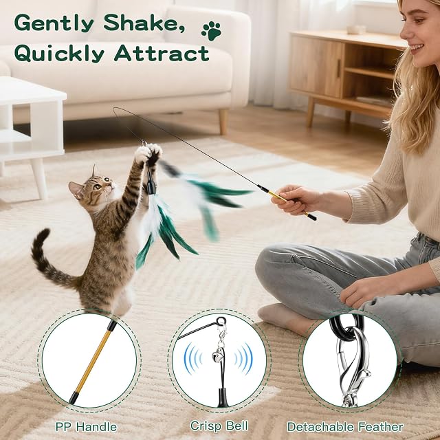 Foto 3 de 8 de Pawaboo Pluma de Juguete para Gato, 21.5cm Interactivo Colector del Gatito de Extra Largo, Varita Cazador…