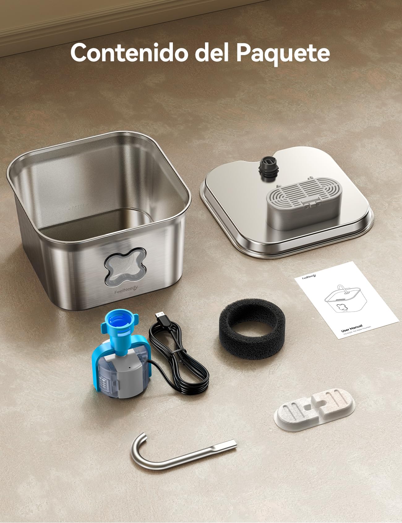 FEELNEEDY Fuente para Gatos Acero Inoxidable 2,8L, Bebedero Gatos con Cable y Filtración de Cuatro Capas, Fácil de Limpiar, Apta para Lavavajillas