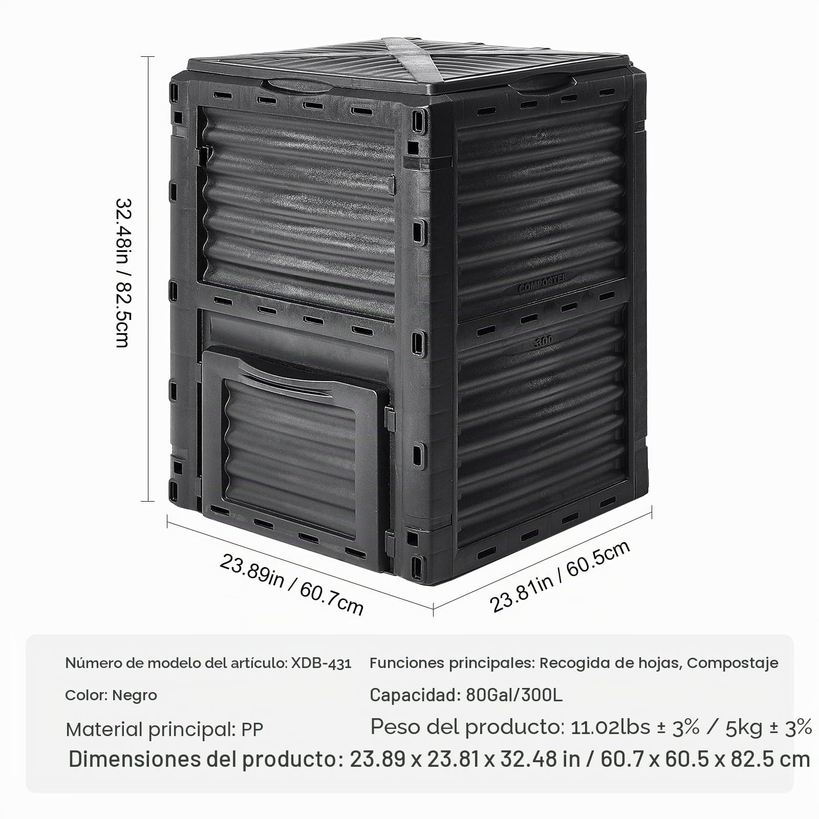 VEVOR Compostador de Jardín 300 L sin BPA Contenedor de Abono para Exteriores con Tapa Puerta Inferior Gran Capacidad Fácil de Instalar para Recolectar Hojas Compostaje Creación Rápida Suelo Fértil