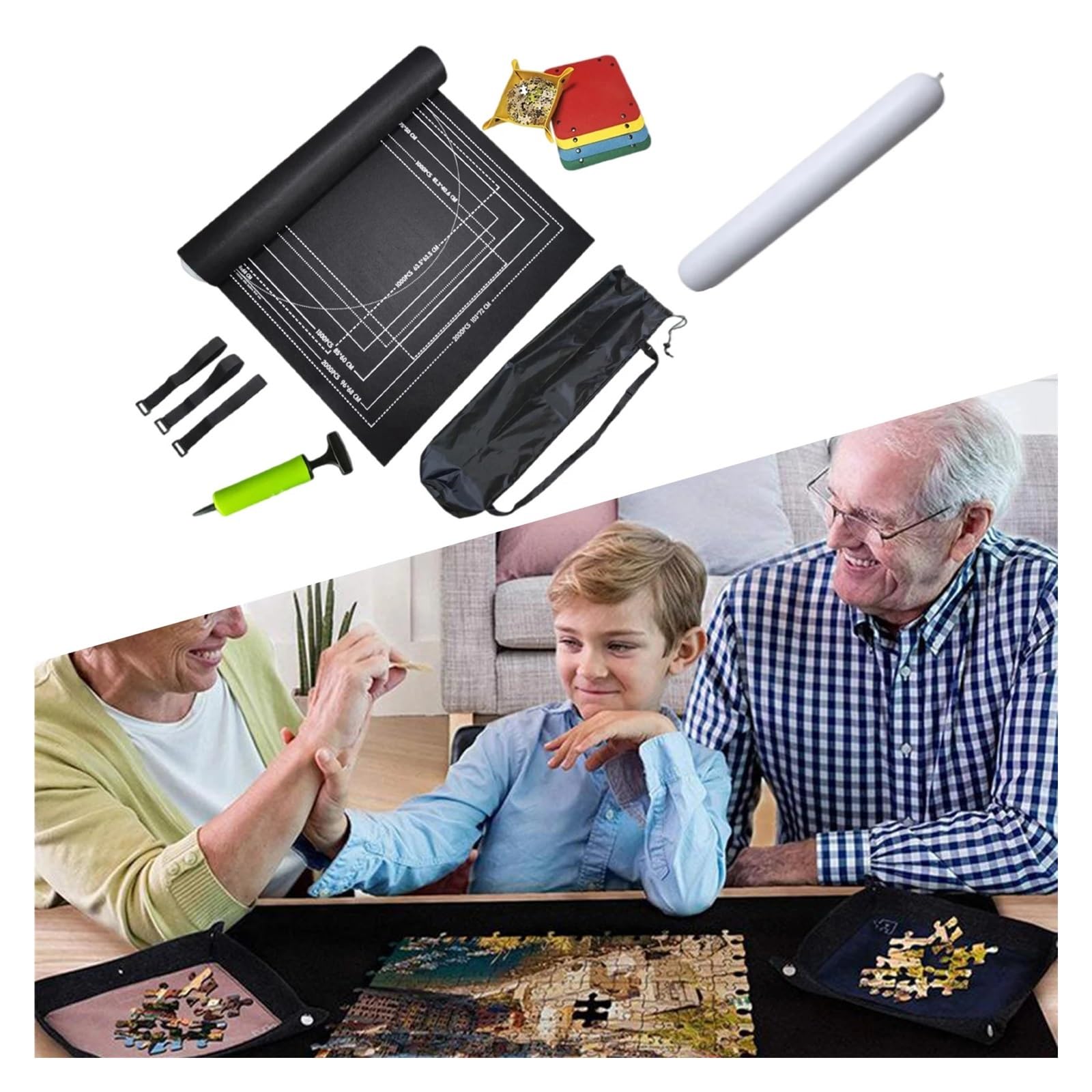 Tappetino for puzzle arrotolabile da 2000 pezzi Roll Your Puzzle - Tappetino portaoggetti portatile con borsa for la raccolta dei pezzi Tubo gonfiabile for gioco su tappetino per puzzle, giochi(Black)
