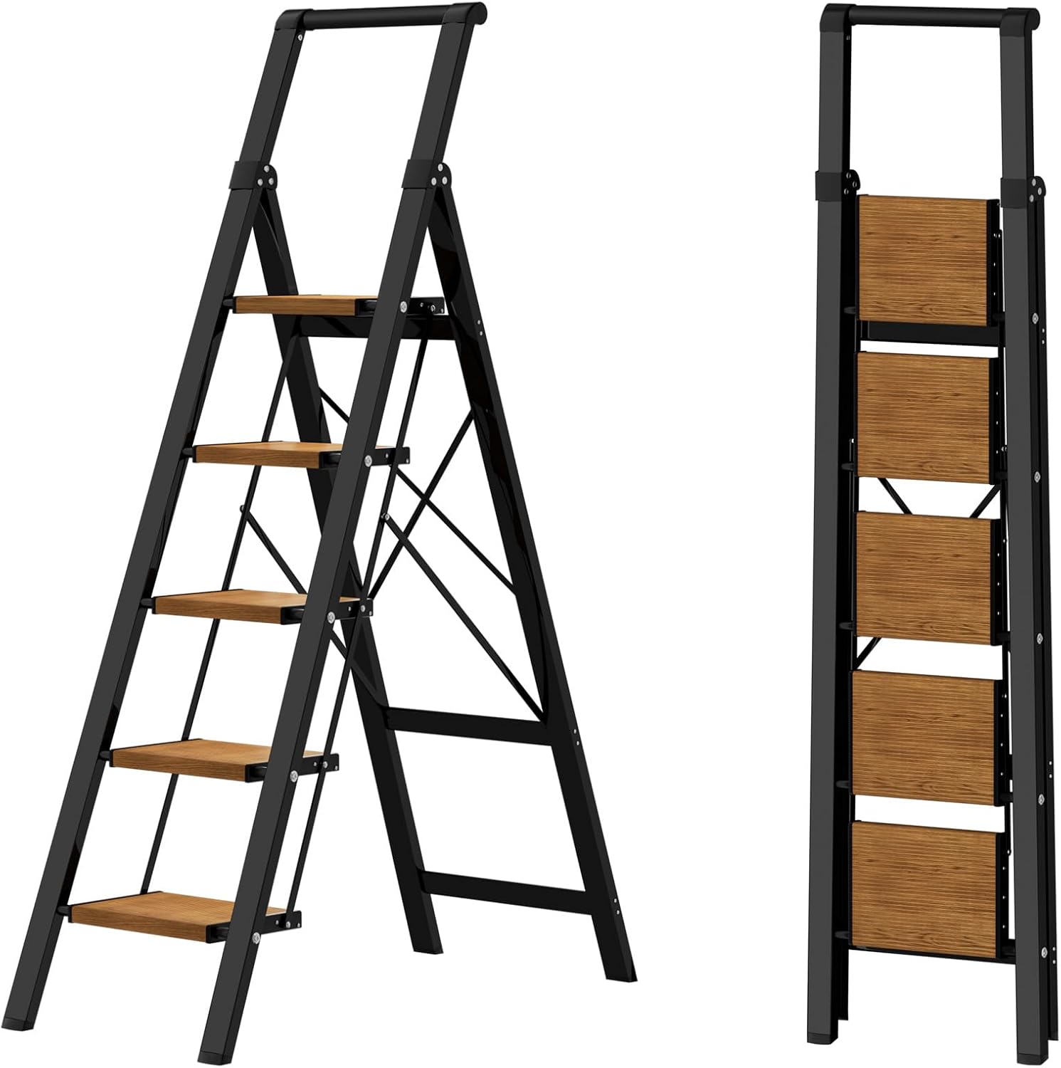 HillhutApex 5 Step Foldable Aluminum Step Ladder with Handgrip, Anti-Slip Pedal, 330 lbs Capacity, Lightweight & Portable for Home, Kitchen, Office, Garage (Black Woodgrain) Black&woodgrain 5 Step