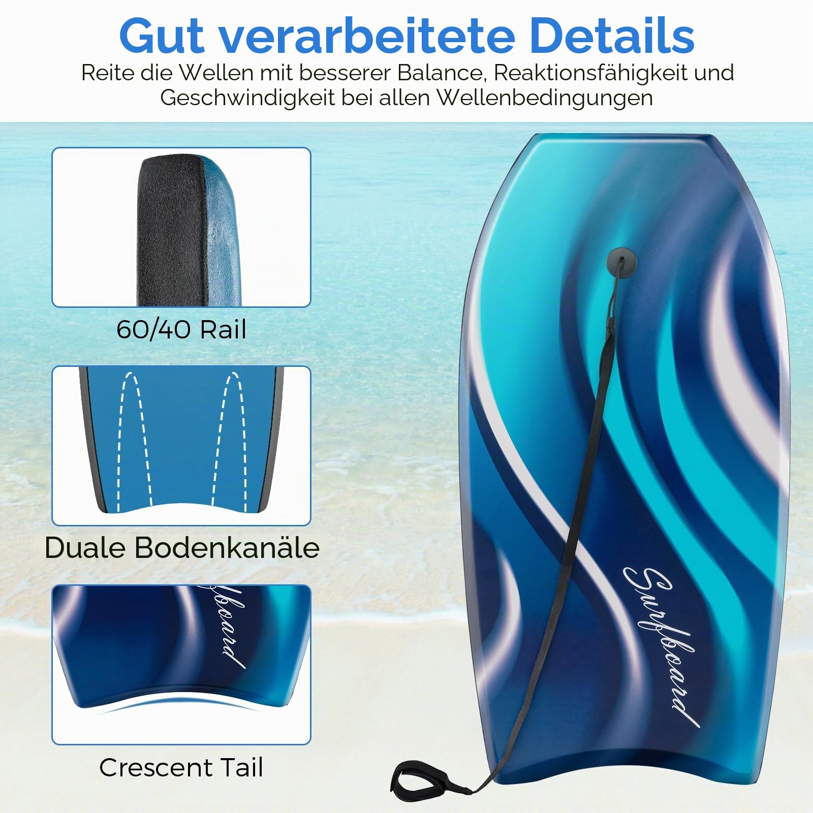 HOMASIS Leichtes Surfbrett, Bodyboard mit XPE-Brücke, Wellenbrett aus EPS-Schaumkern, Halbmond-Basis, Handgelenkleine ohne Aufblasen für Erwachsene und Jugendliche