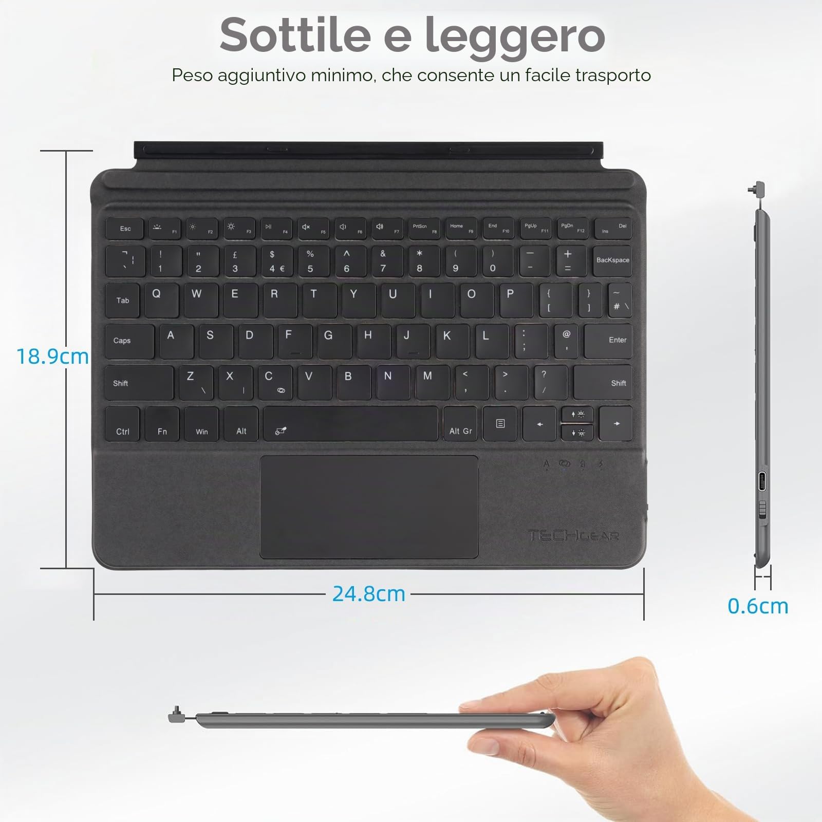 TECHGEAR Tastiera Surface Go per Microsoft Surface Go 1, 2, 3, 4, sottile, wireless, Bluetooth, retroilluminazione, trackpad/touchpad di precisione, QWERTY