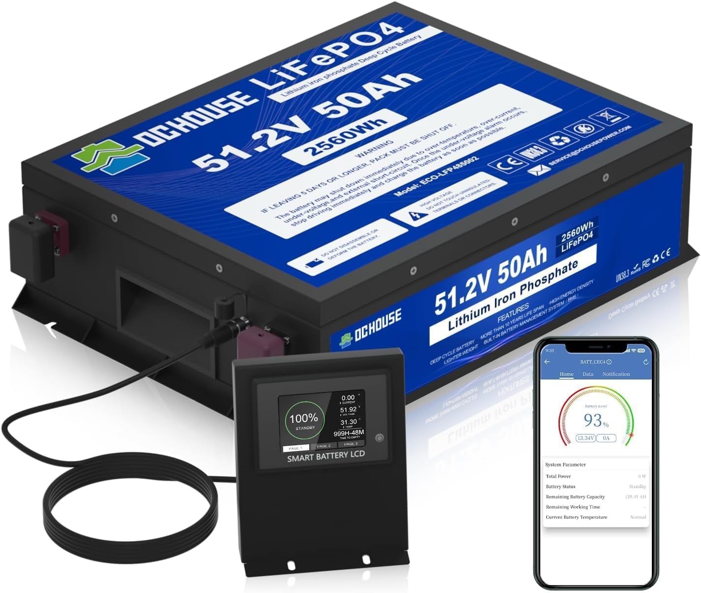 Batterie LiFePO4 48 V 50 Ah pour chariot de golf, BMS 50 A intégrée, batterie au lithium avec cellules de classe A, parfaite pour les camping-cars, les chariots, les moteurs de trolling, les maisons