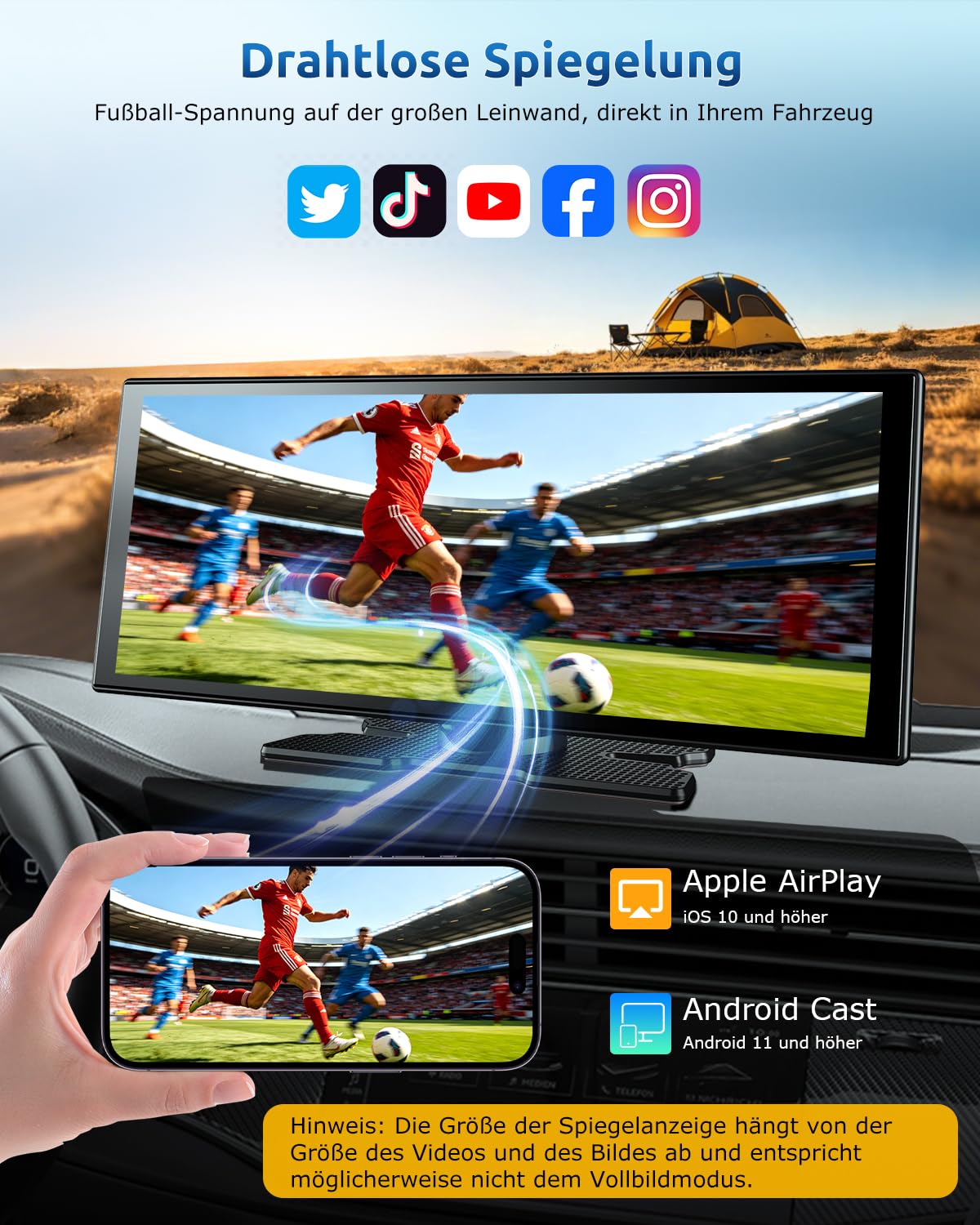 ESSGOO 11 Zoll CarPlay Android Auto Display Wireless,4K 360° Fahrzeugkamera | Apple CarPlay Bildschirm,1920×720 Touchscreen,1080P Rückfahrkamera,Bluetooth 5.3,Mirror Link,GPS,Sprachsteuerung,Autoradio