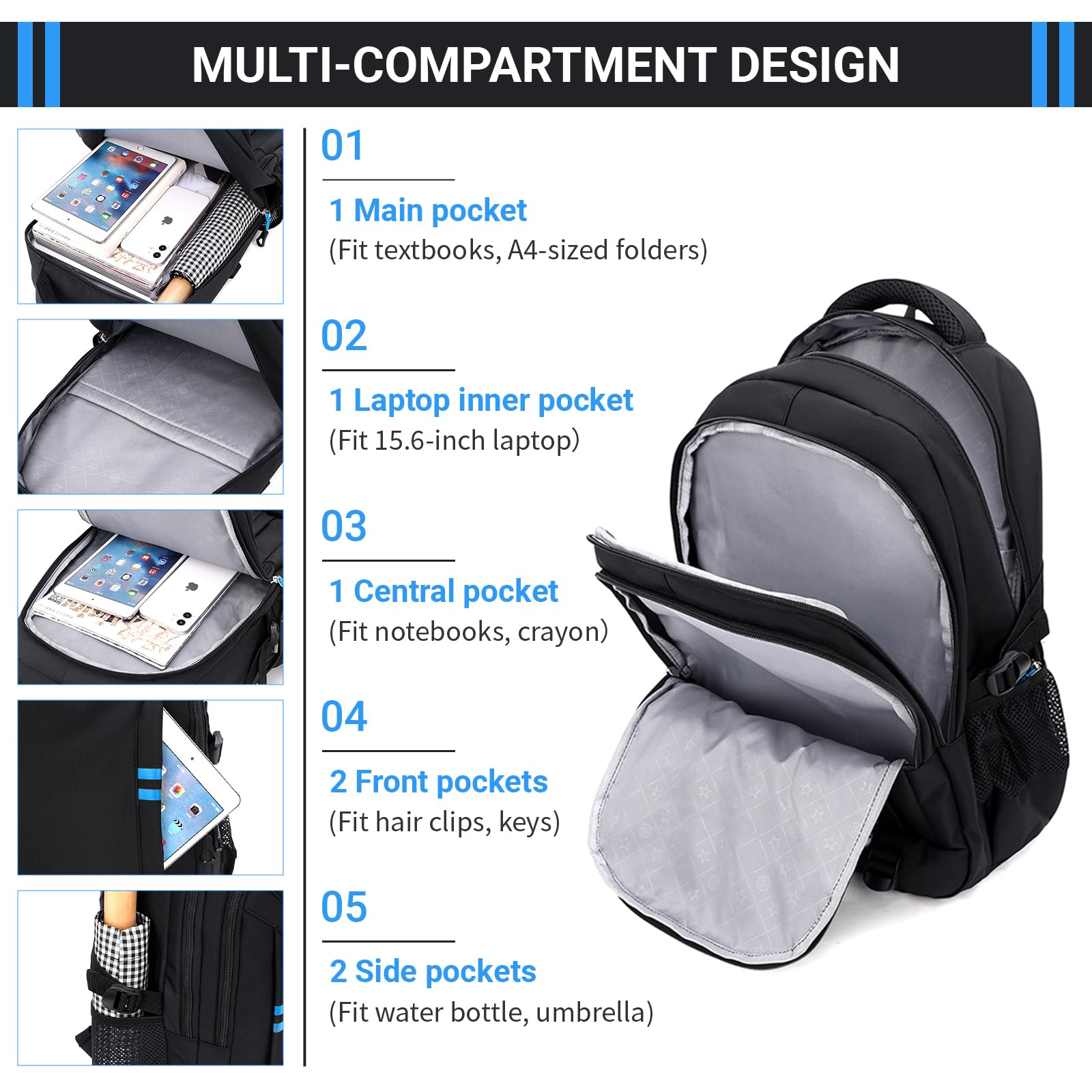 Amythe Mochila con Ruedas para Niños y Adolescentes, 6 Ruedas Negro | Mochilas Escolares Trolley Gran Capacidad para Chicos 9 10 12-18 años , Desmontable Carro Mochila para Viajes y Escuela
