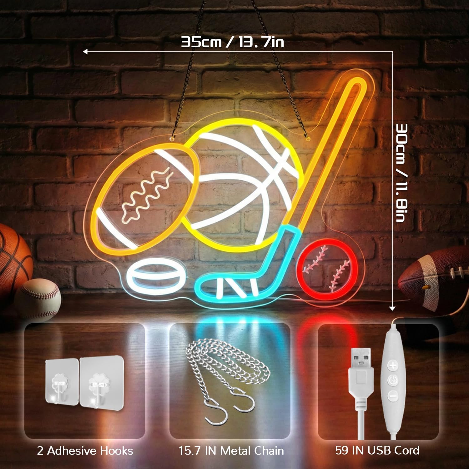 Sports Neon Sign,LED Neon Light with Dimmer,Neon Signs for Wall Decor,Multi Sports Neon Sign for Man Cave,Room,USB Powered Neon Wall Decor for Football Basketball Baseball Ice Hockey Fans