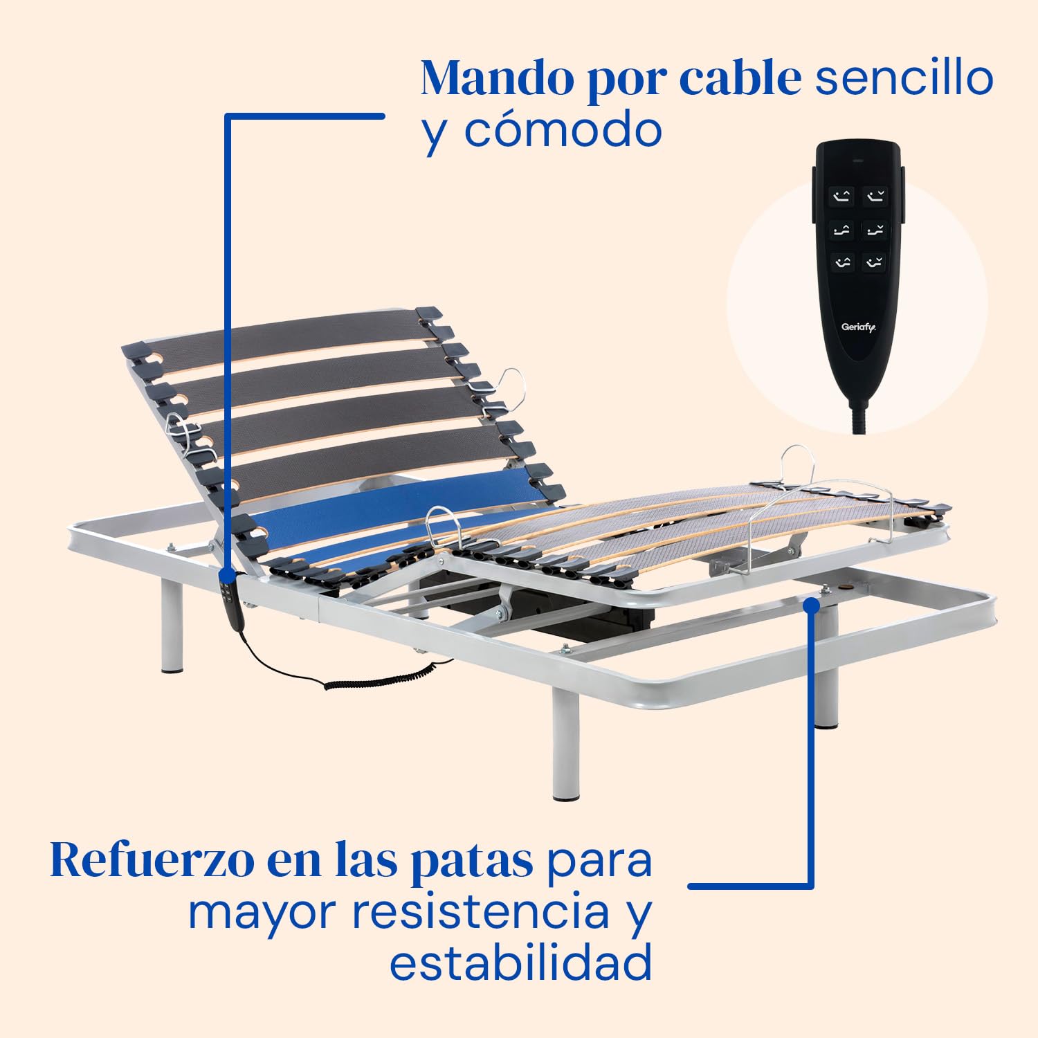 Geriafy - Cama Articulada de Matrimonio Reforzada con Colchón Ortopédico Viscoelástico 20 cm (160x200, Mando por Cable) | Doble lecho independiente, colchones Cotton V6 de 20 cm con funda de algodón