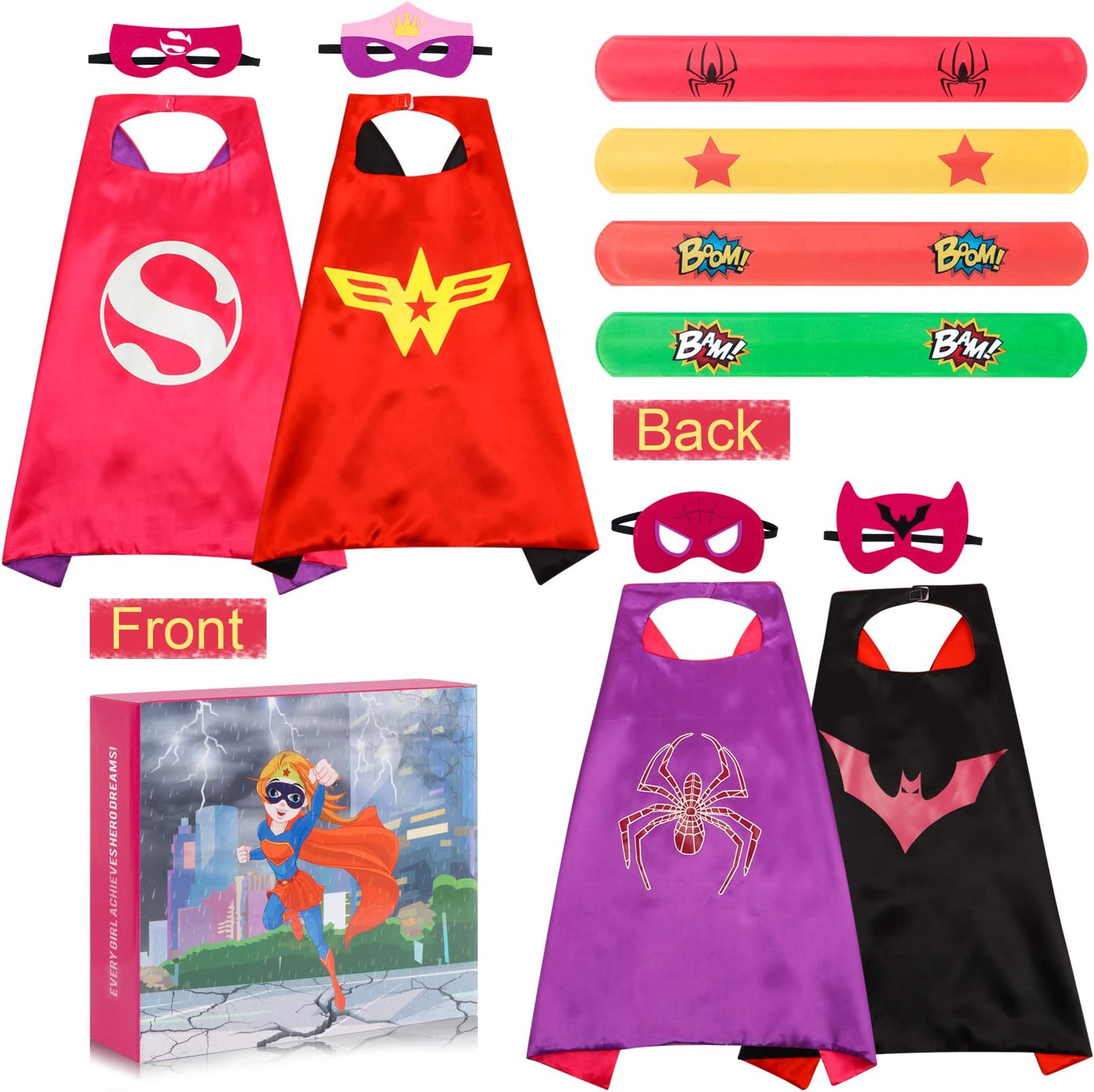 Superhero Capes for Kids Girl Halloween Cosplay Costume Party Christmas Role Play Dress up for Girl with Masks&Bracelet Slaps-2PCS Double Side Cape