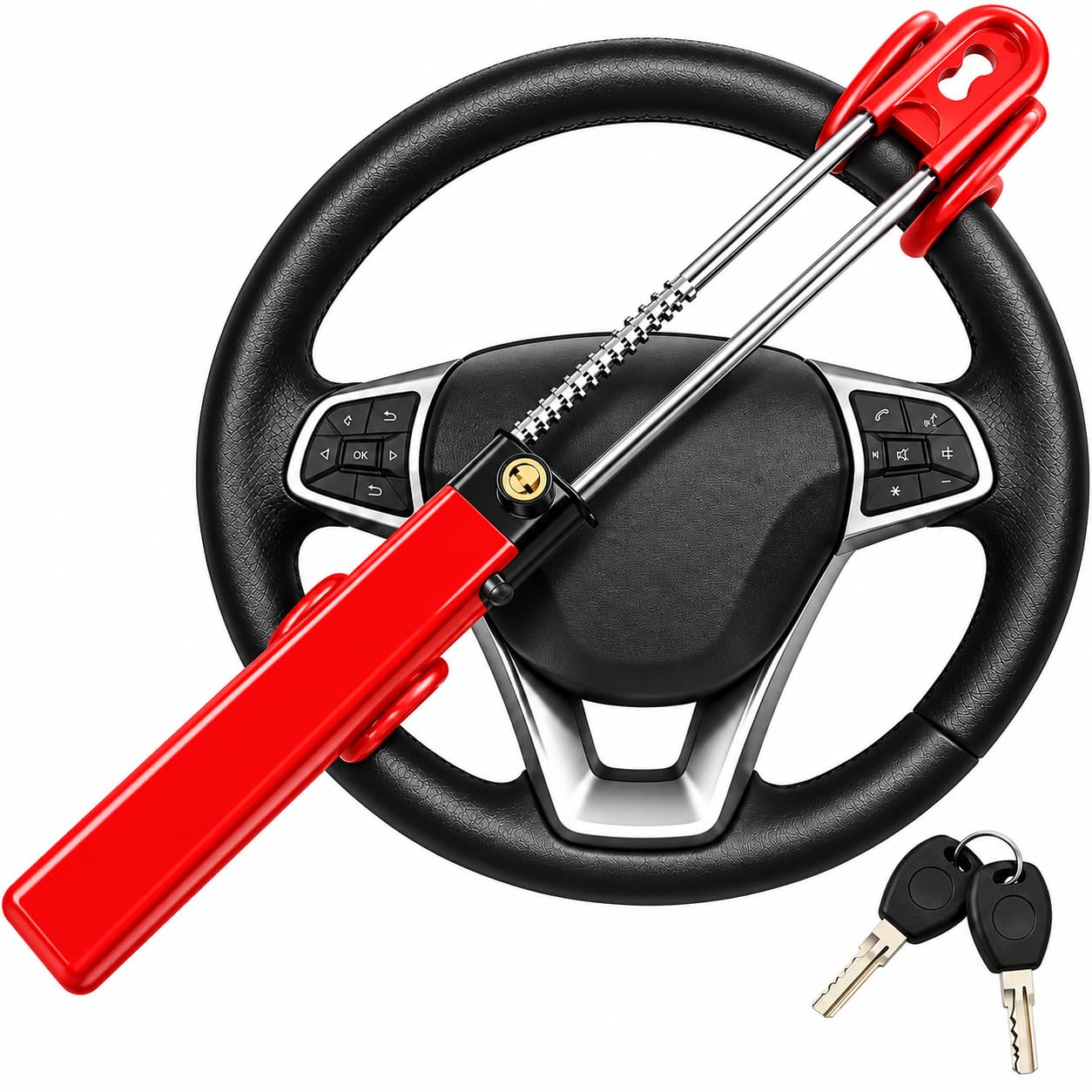 Steering Wheel Lock Twin Bar, Car Anti-Theft Device with 2 Keys | Steering Wheel Lock Twin Bar, Car Anti-Theft Device with 2 Keys, Adjustable Steering Lock Fit for Cars, SUVs & Vans, Red