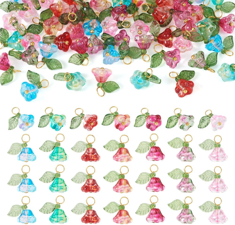 KISSITTY Flower Glass Charms Colorful Flower Glass Pendants for DIY Necklace Bracelet Earring Jewelry Making
