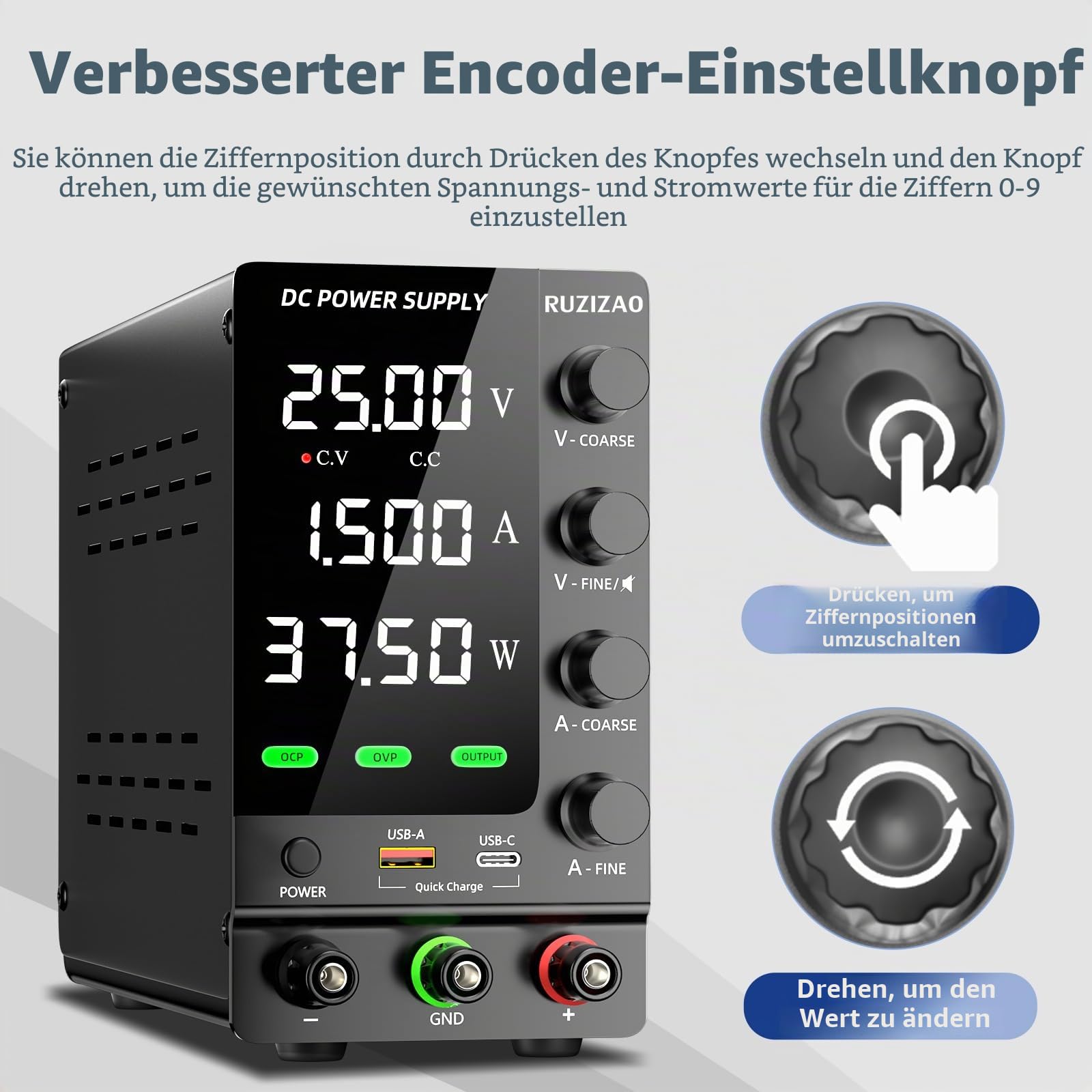 Labornetzteil 120V 3A, Einstellbares Labornetzgerät mit OCP/OVP, Ausgangsschalter und Encoderregelung, DC-Schaltnetzteil 18W USB-A/Typ-C Schnellladeschnittstelle/Prüfung/Wartung/Galvanik