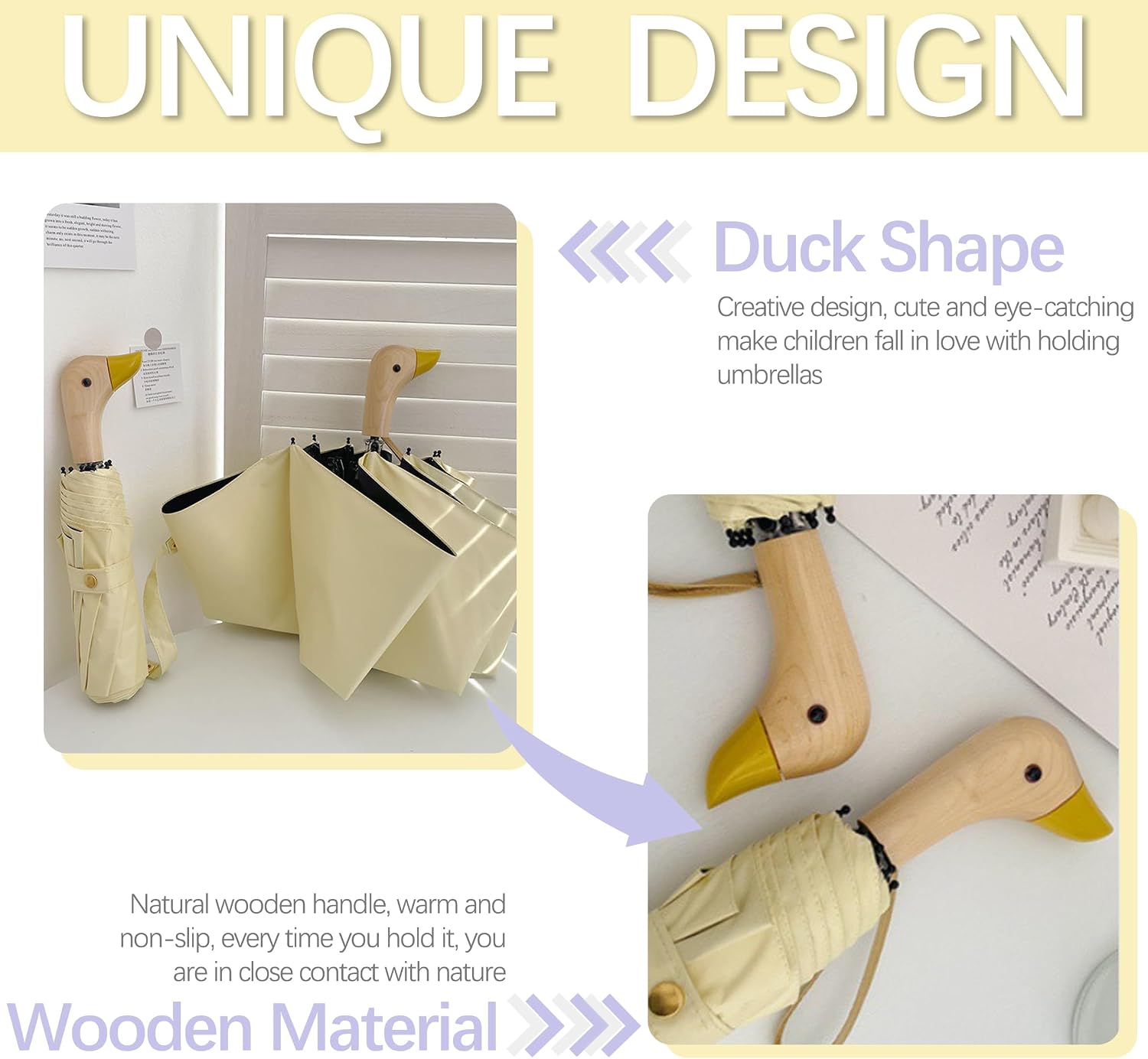 Travel Folding Umbrella with Cute Duck wooden Handle,Wide Strap,Rain/Sun,UPF 50+,UV Protection,Compact, Lightweight Portable, Sturdy & Collapsible,8 Ribs, Women/Kids,Backpack/Car