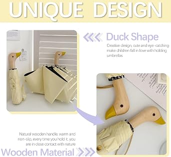 Travel Folding Umbrella with Cute Wooden Duck Handle for Women/Kids,Teflon Coating,Rain/Sun, UPF 50+ UV Protection,8 Ribs,Compact/Lightweight Portable,Backpack/Car