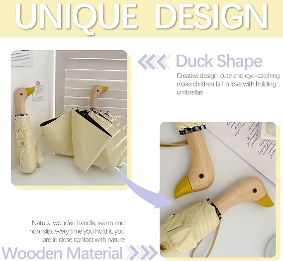 Travel Folding Umbrella with Cute Wooden Duck Handle for Women/Kids,Teflon Coating,Rain/Sun, UPF 50+ UV Protection,8 Ribs,Compact/Lightweight Portable,Backpack/Car