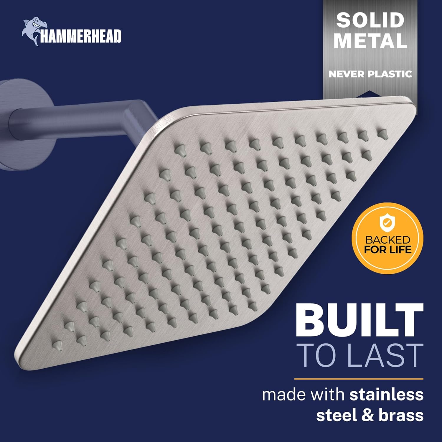HammerHead Showers Solid Metal 8 Inch Square Rainfall Shower Head, High Flow Shower Head Optimized for Pressure, Brushed Nickel, 2.5 GPM