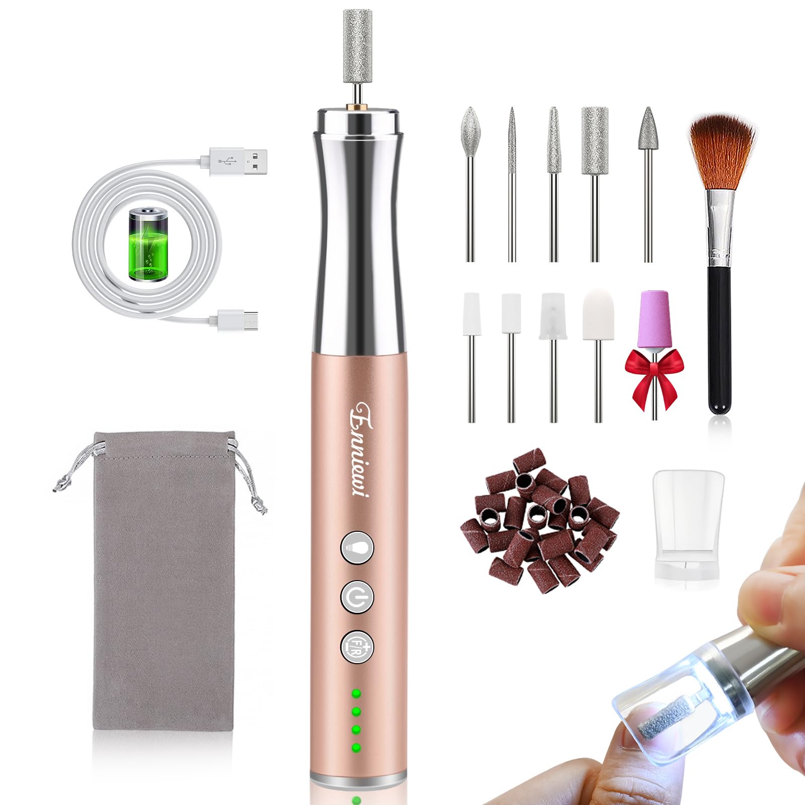 Enniewi Manicura y Pedicura Kit, Torno para Uñas Profesional con Batería Recargable, 3 Velocidades Sin Cable Eléctrica Torno con 10 Brocas, Luz LED, Mano Pie Cuidado de Las Uñas Herramientas