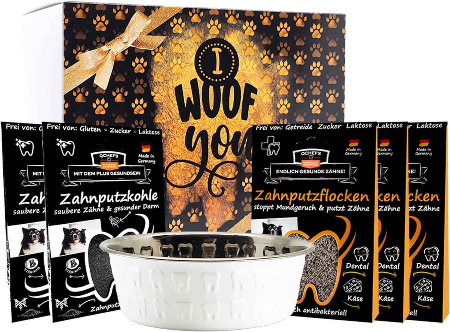 QCHEFS Glückskiste Napf Hund Schlecknapf Zahnpflege bei Mundgeruch Dental | Aufbewahrung Box für Zahnpflege Leckerlie mit Starterset, Zahnpflege bei Mundgeruch und als Zahnsteinentferner
