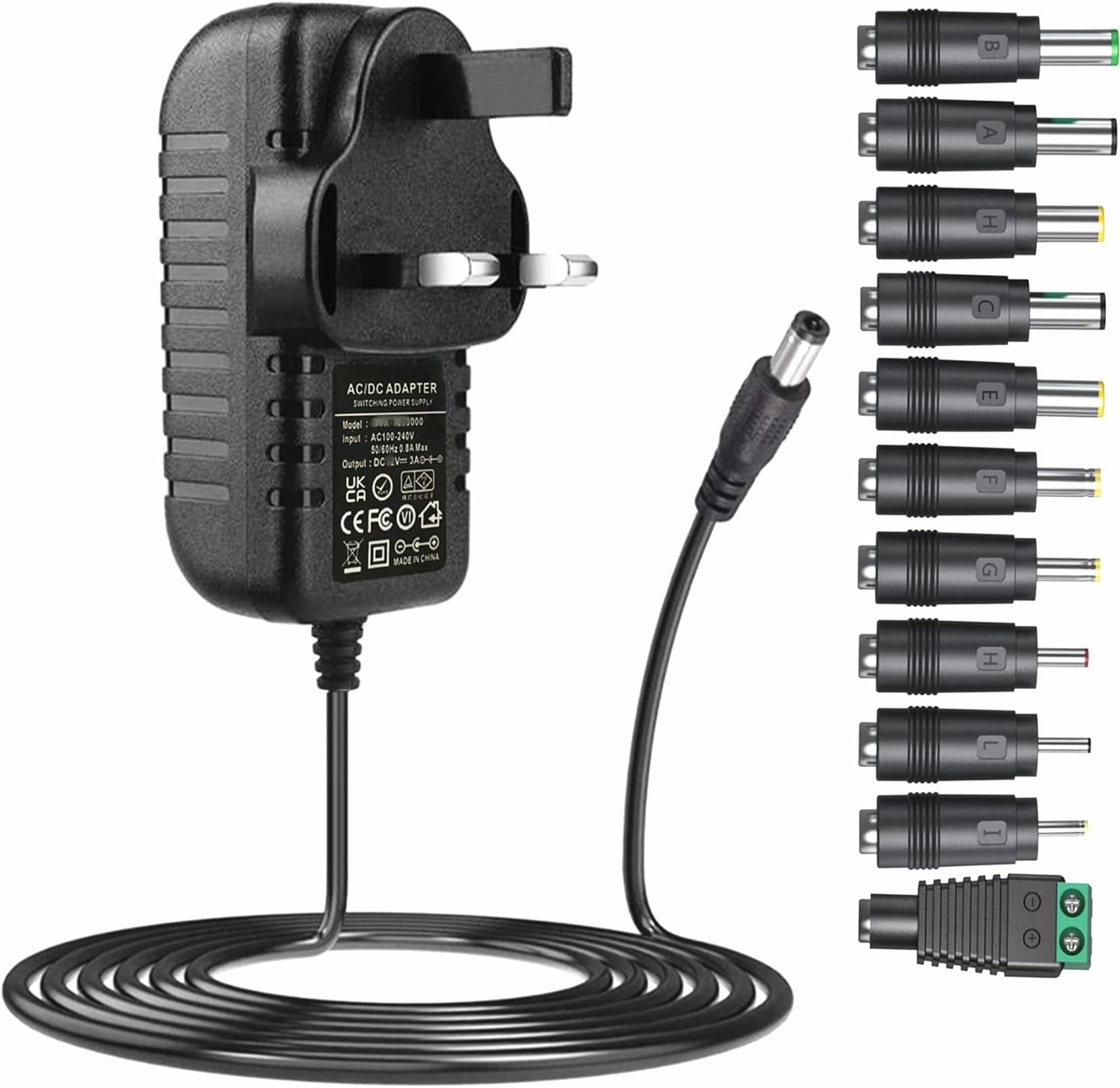 SZZKtech Universal 12V 3A AC adapter with 11 DC plug tips AC to DC 12 Volts 3Amps 2.5A 2A 1500mA 1000mA 800mA 700mA 600mA 500mA regulated switching power supply cord charger replacement DC12V adapter