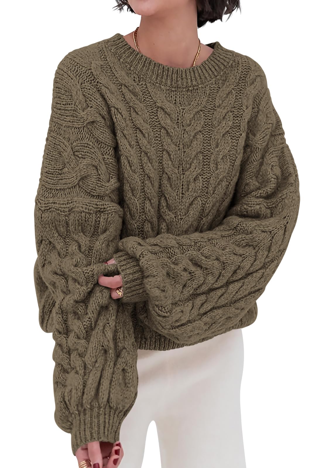 Womens Sweaters Spring 2025 Cable Knit Long Sleeve Crewneck Oversized Sweater Chunky Pullover Loose Outfits, Size 12-14