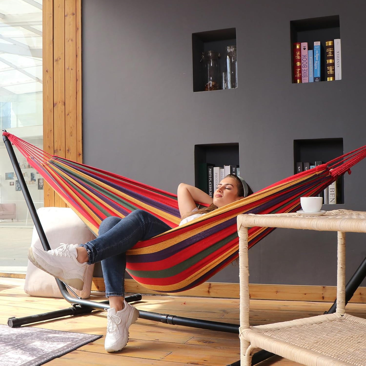 ANYOO Cotton Hammock Portable Camping Hammocks for Hanging Sturdy Garden Comfortable Fabric Hammock with Tree Straps Up to 660lbs with Travel Bag for Camping Outdoor/Indoor Patio Backyard